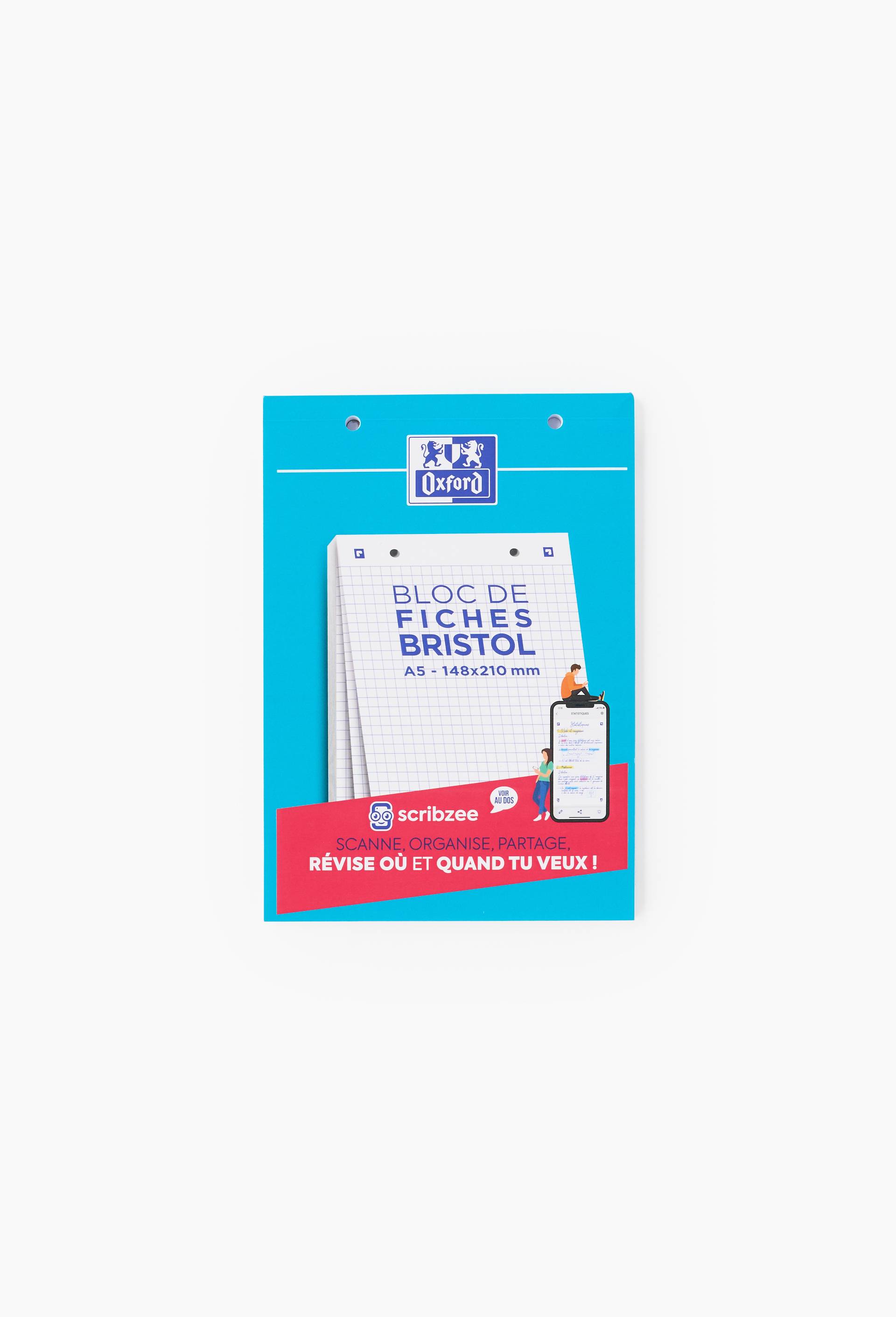 Bloc de 30 fiches Bristol perfor&eacute;es blanches, format A5, petits carreaux, papier certifi&eacute; PEFC, , large image number 0
