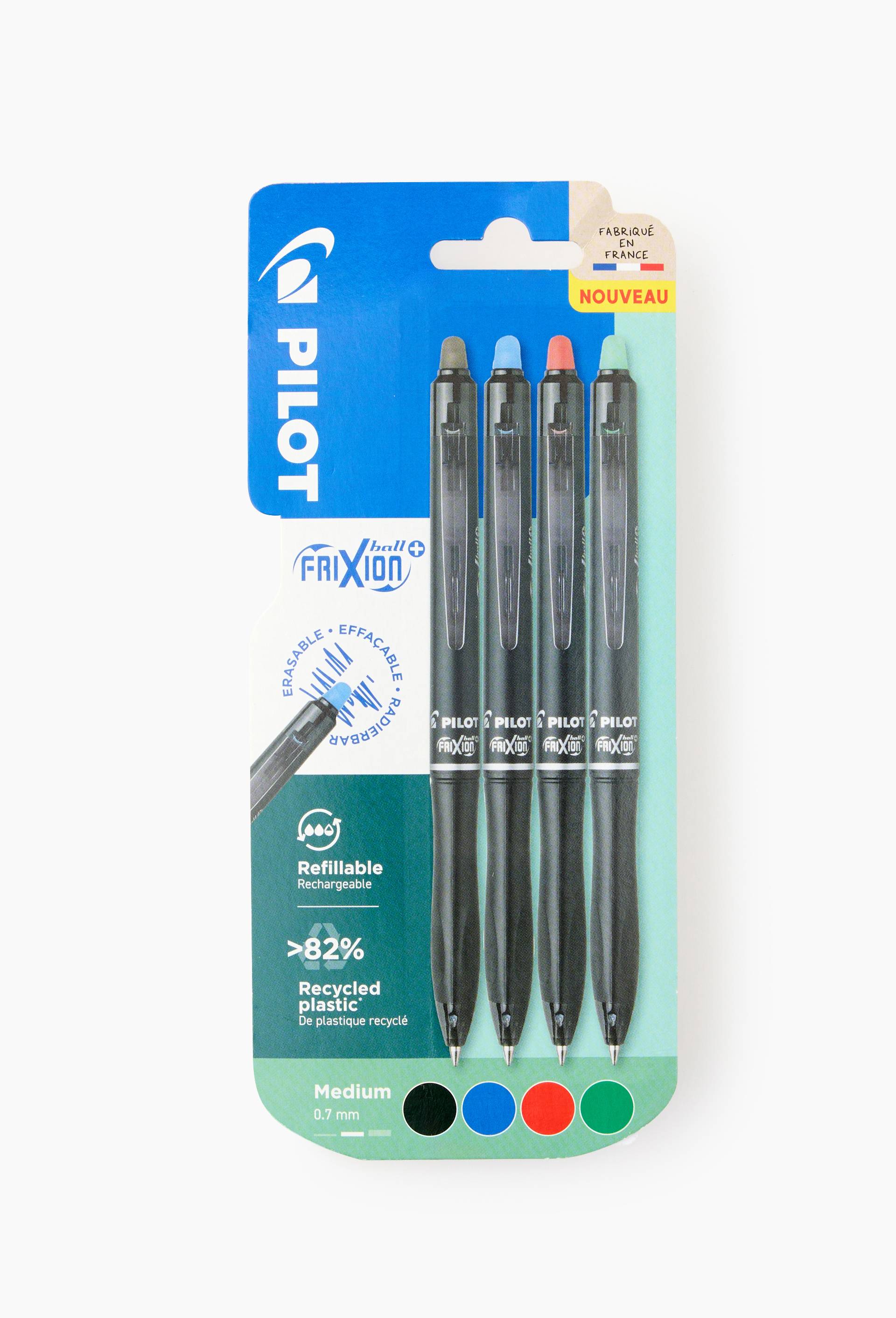 4 Rollers Frixion Ball plus, encres bleue, noire, rouge et vert, pointe moyenne, , large image number 1.0