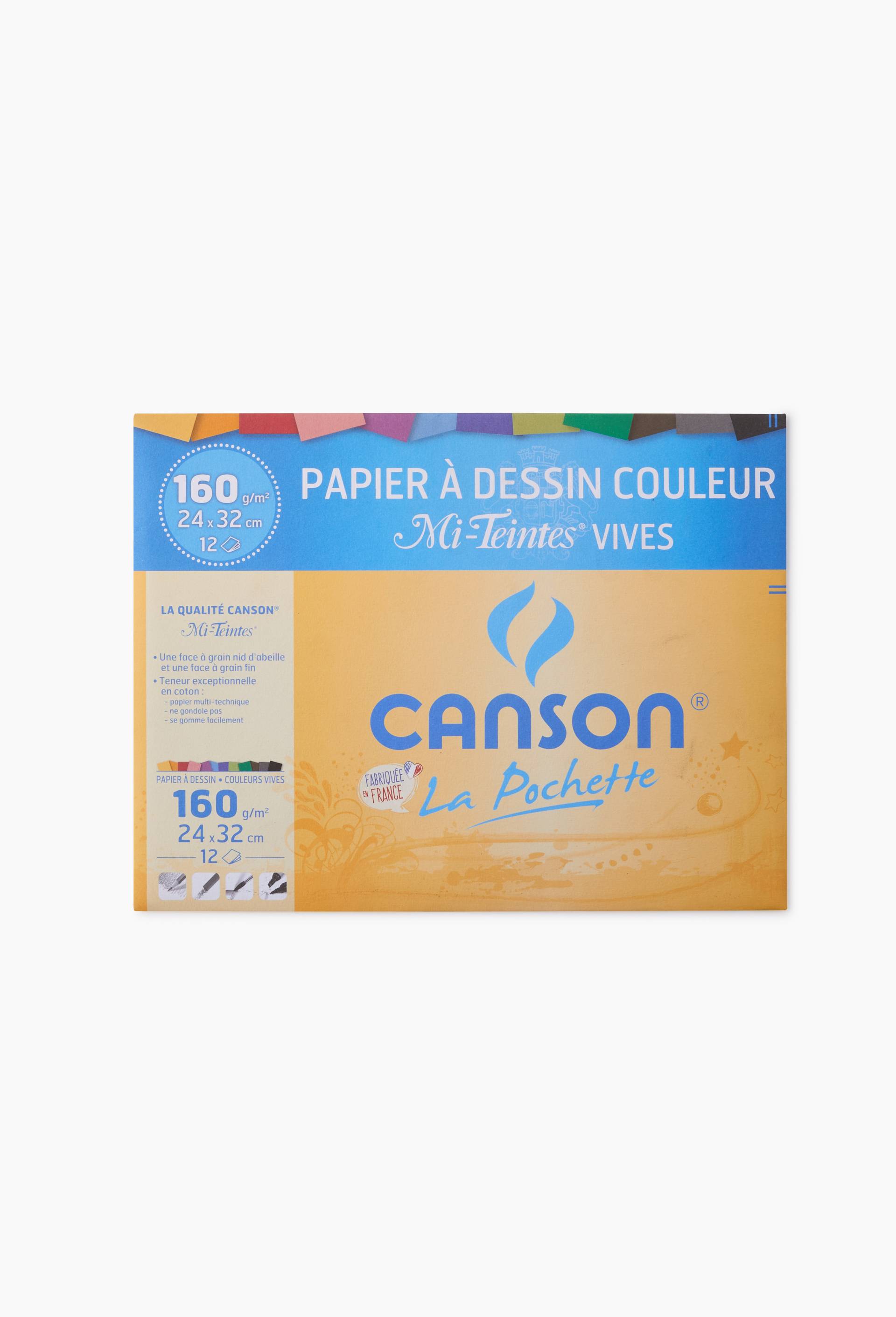 Canson - Pochette papier &agrave; dessin couleur - 12 feuilles - 24 x32 cm - 160 gr - mi-teintes vives, , large image number 0