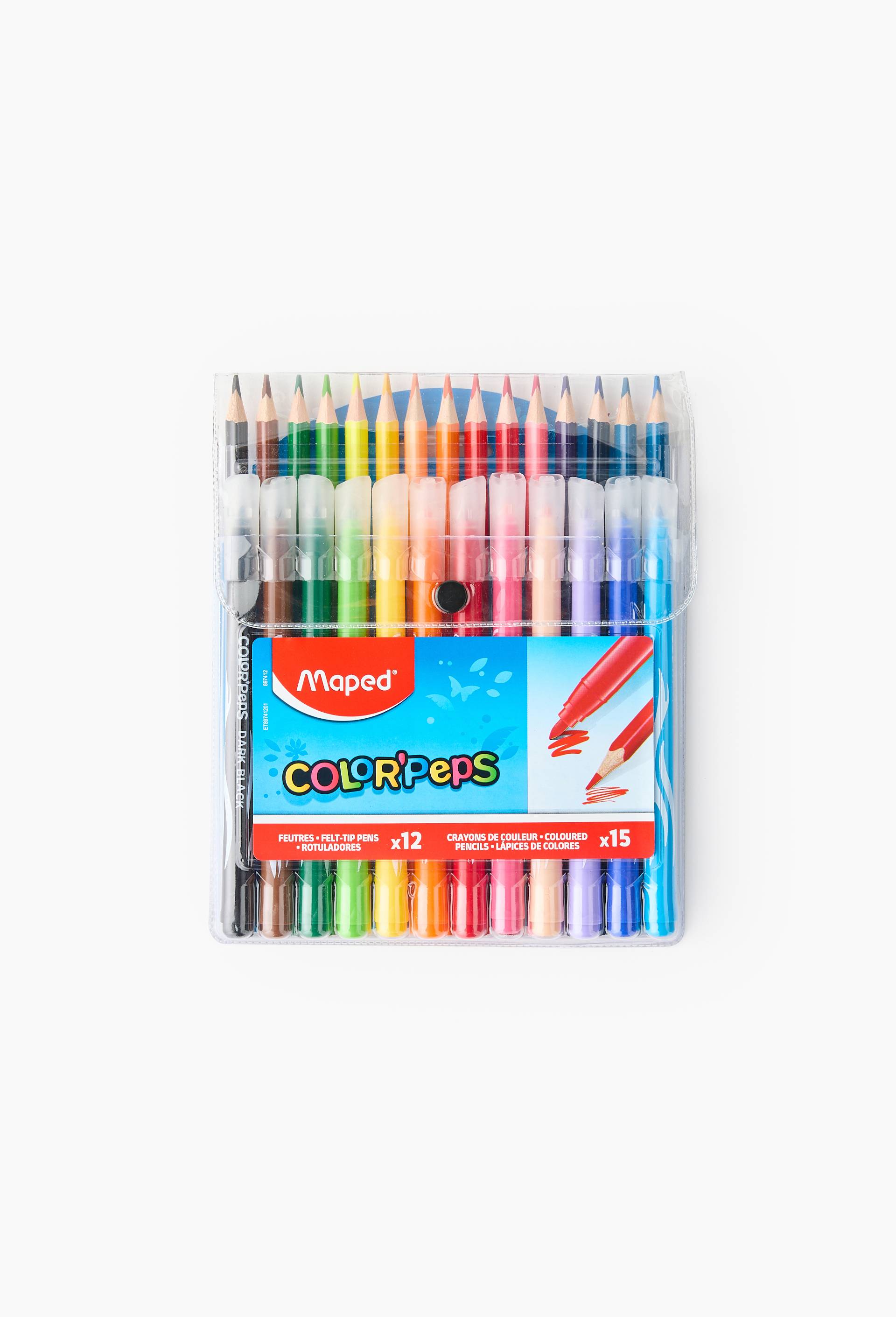 Pochette de 12 feutres et 15 crayons de couleur - Color'Peps - Pointe moyenne, , large image number 1.0