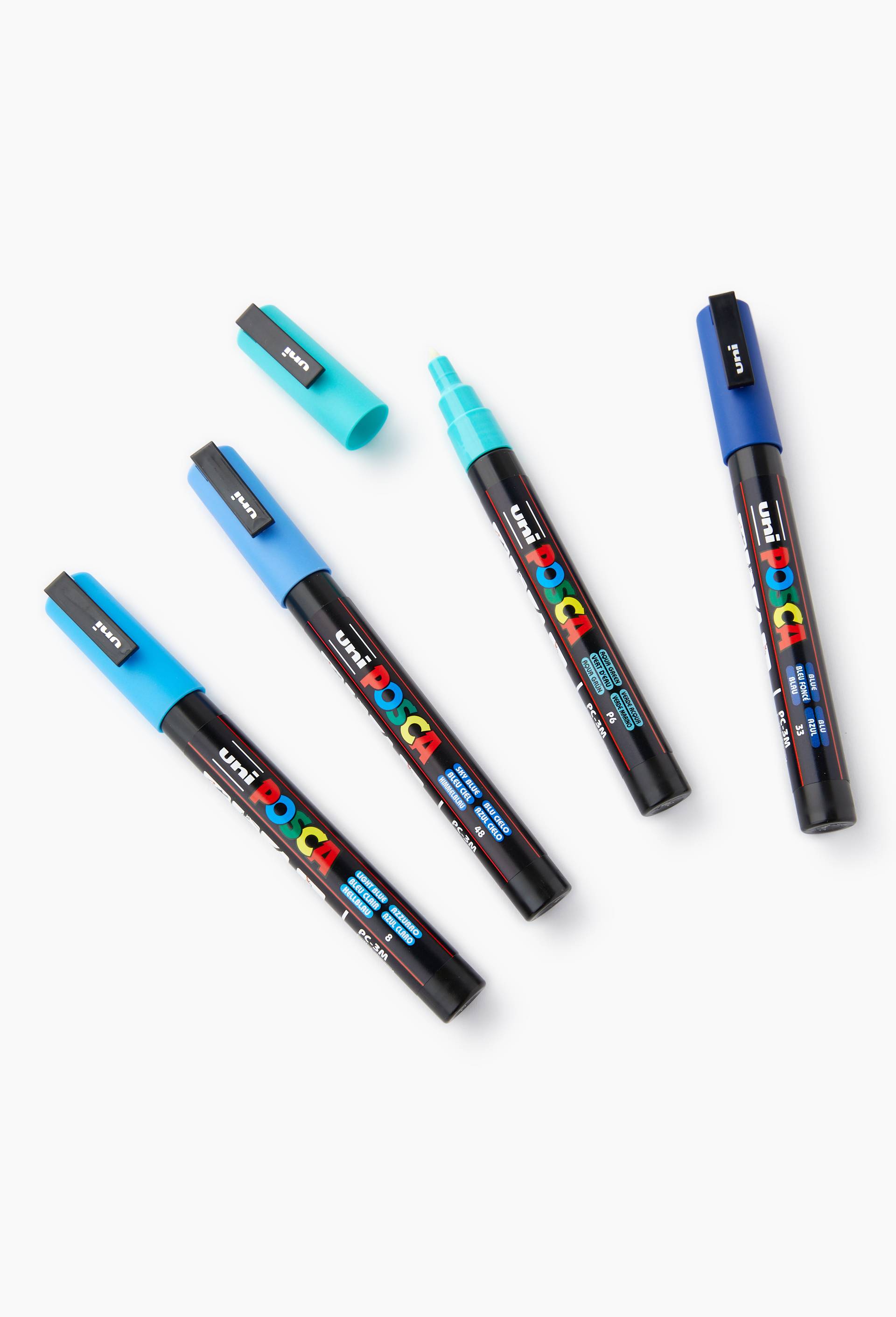 Set de 4 marqueurs pointe conique fine POSCA MARKER Bleu Fonc&eacute; - Bleu Ciel - Bleu Clair - Vert D'eau (PC3M), , large image number 0.0