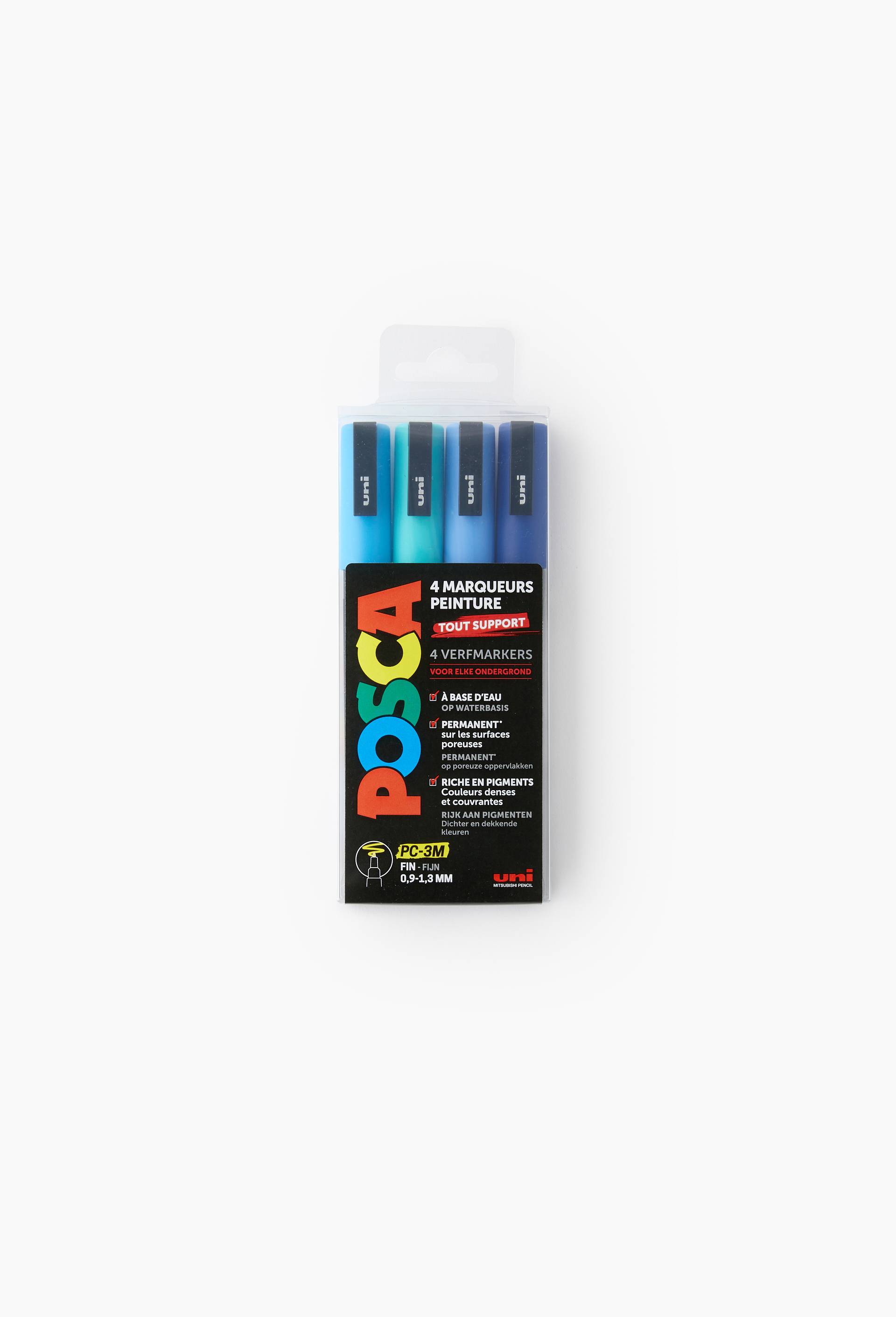 Set de 4 marqueurs pointe conique fine POSCA MARKER Bleu Fonc&eacute; - Bleu Ciel - Bleu Clair - Vert D'eau (PC3M), , large image number 1