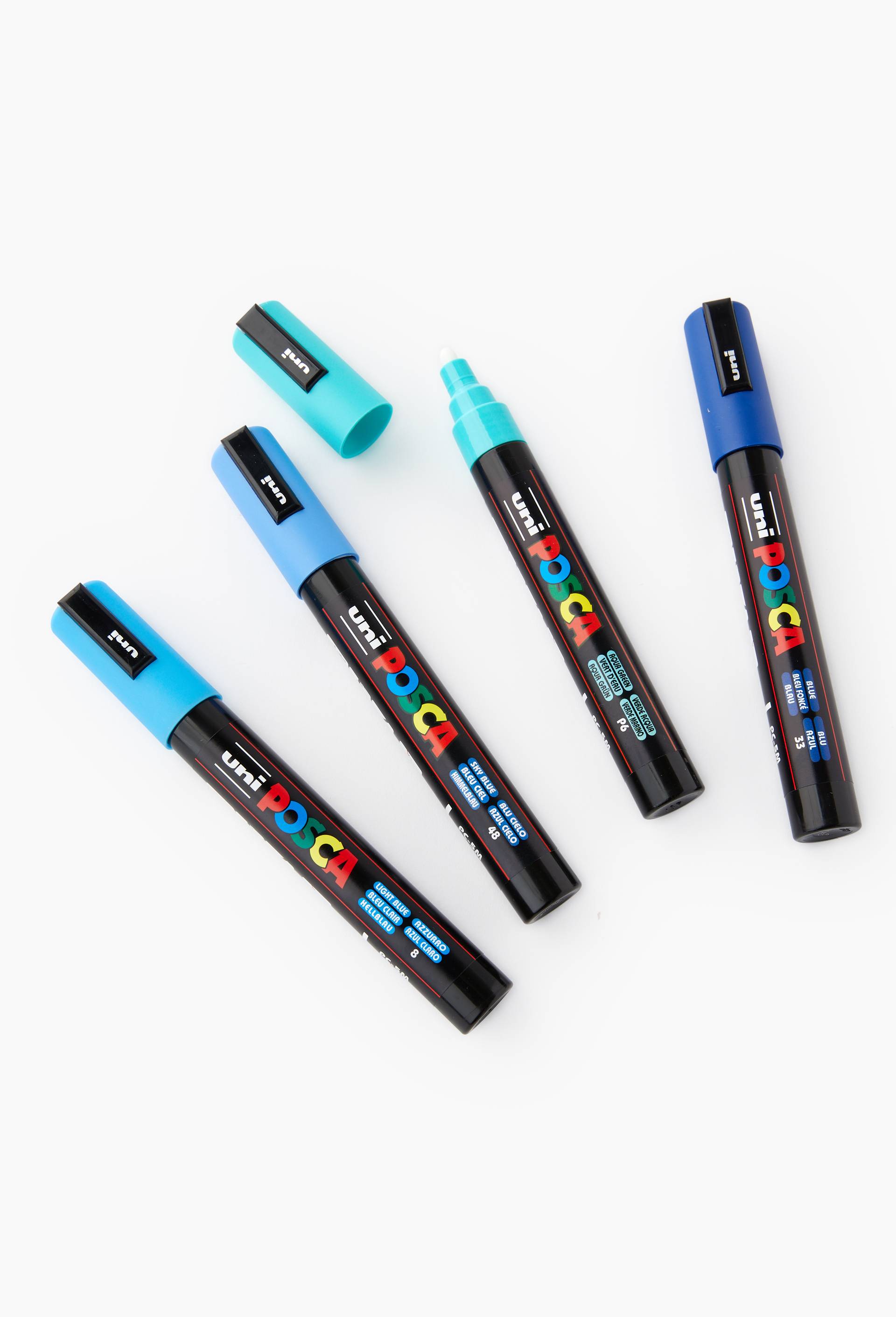 Set de 4 marqueurs pointe conique moyenne POSCA MARKER Bleu Fonc&eacute; - Bleu Ciel - Bleu Clair - Vert D'eau (PC3M), , large image number 0