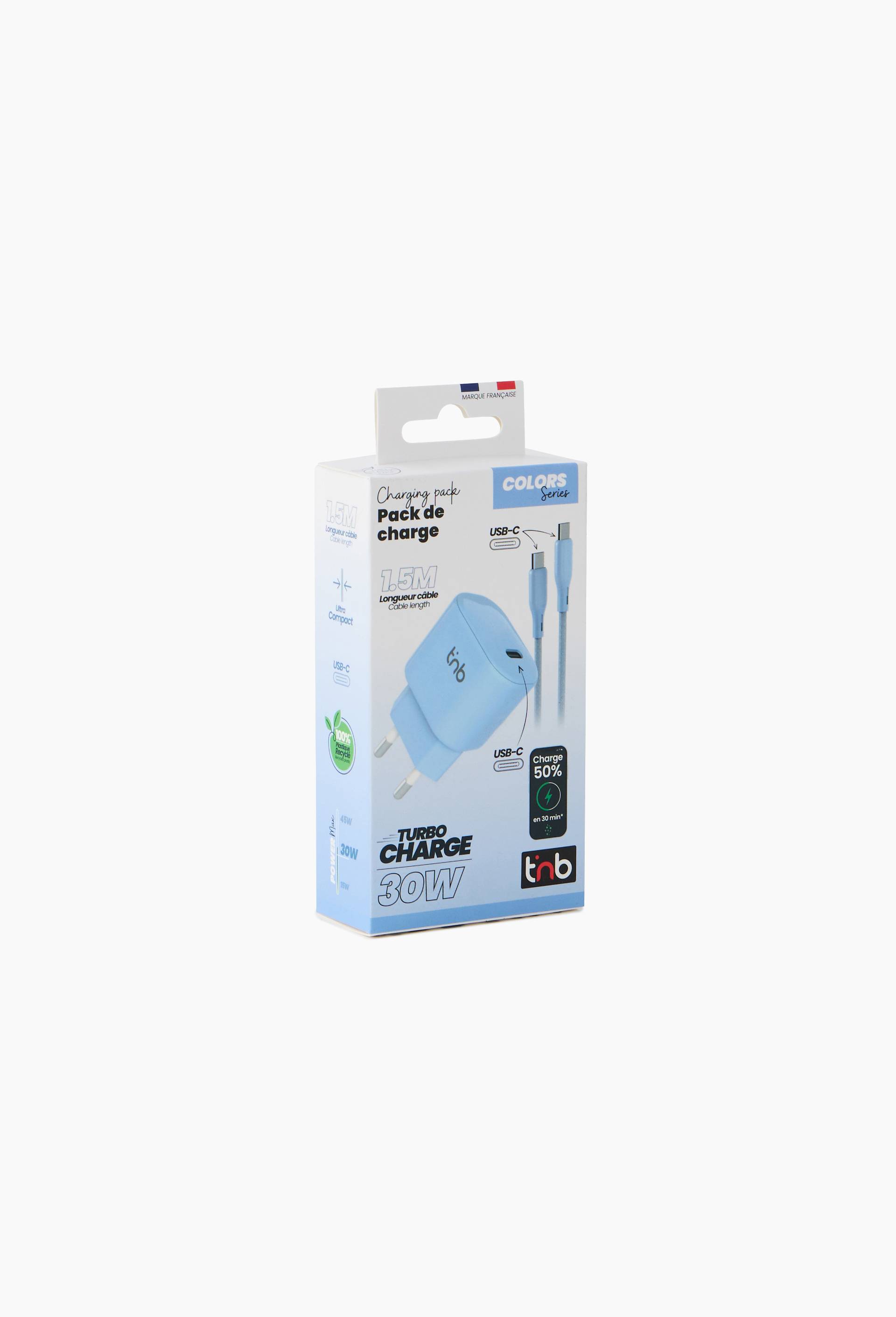 Pack de charge secteur 1 USB-C 30W + c&acirc;ble USB-C - bleu, , large image number 2.0