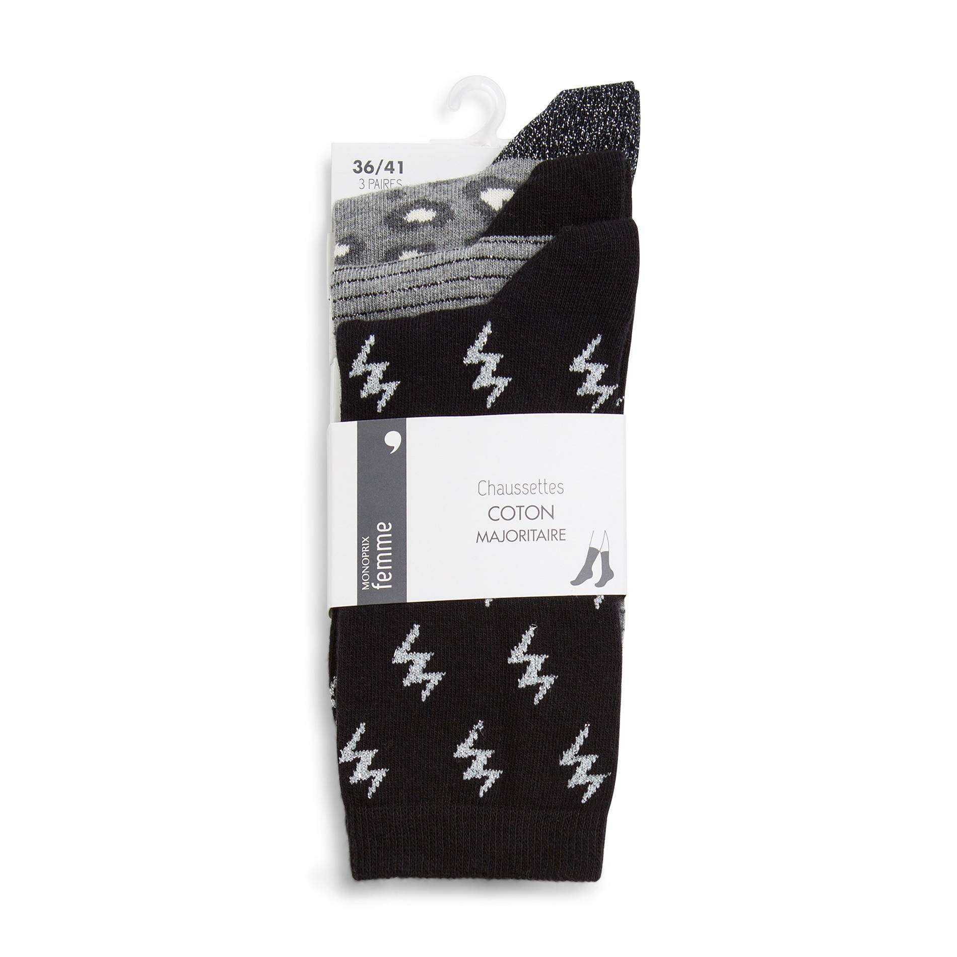 Lot x3 Chaussettes motif {clairs et rayure l{opard, noir, Noir, large image number 1