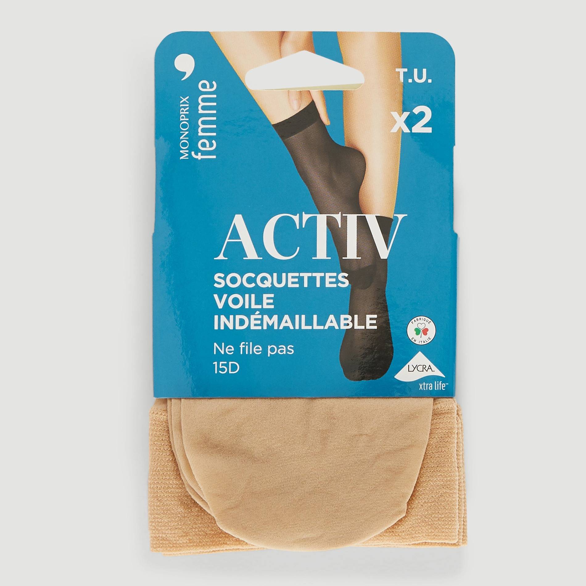 Lot de 2 socquettes voile ind&eacute;maillable ACTIV, Beige, large image number 0