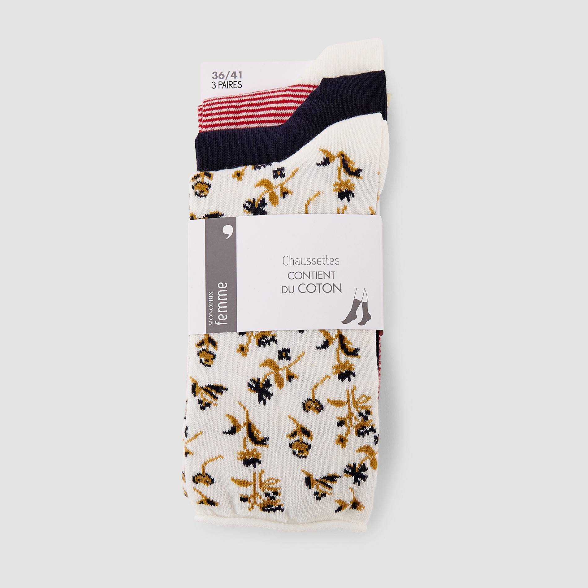 Chaussettes imprimées fleurs x3, Ecru, large image number 0