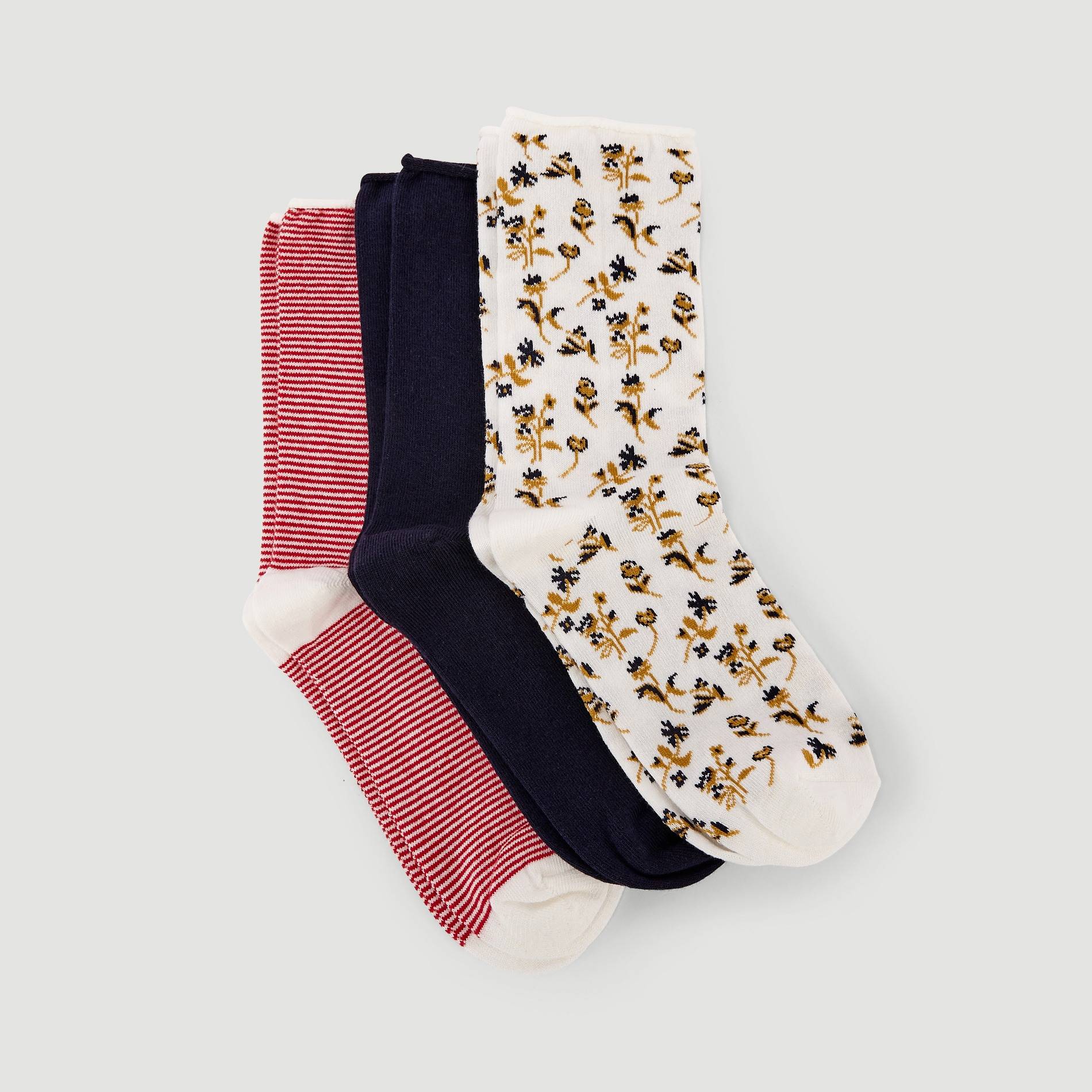 Chaussettes imprimées fleurs x3, Ecru, large image number 1