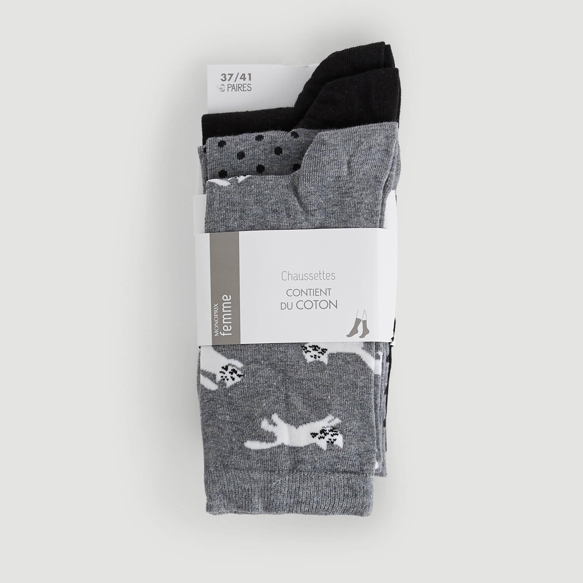 Pocket chaussettes imprimées chats, Gris, large image number 0