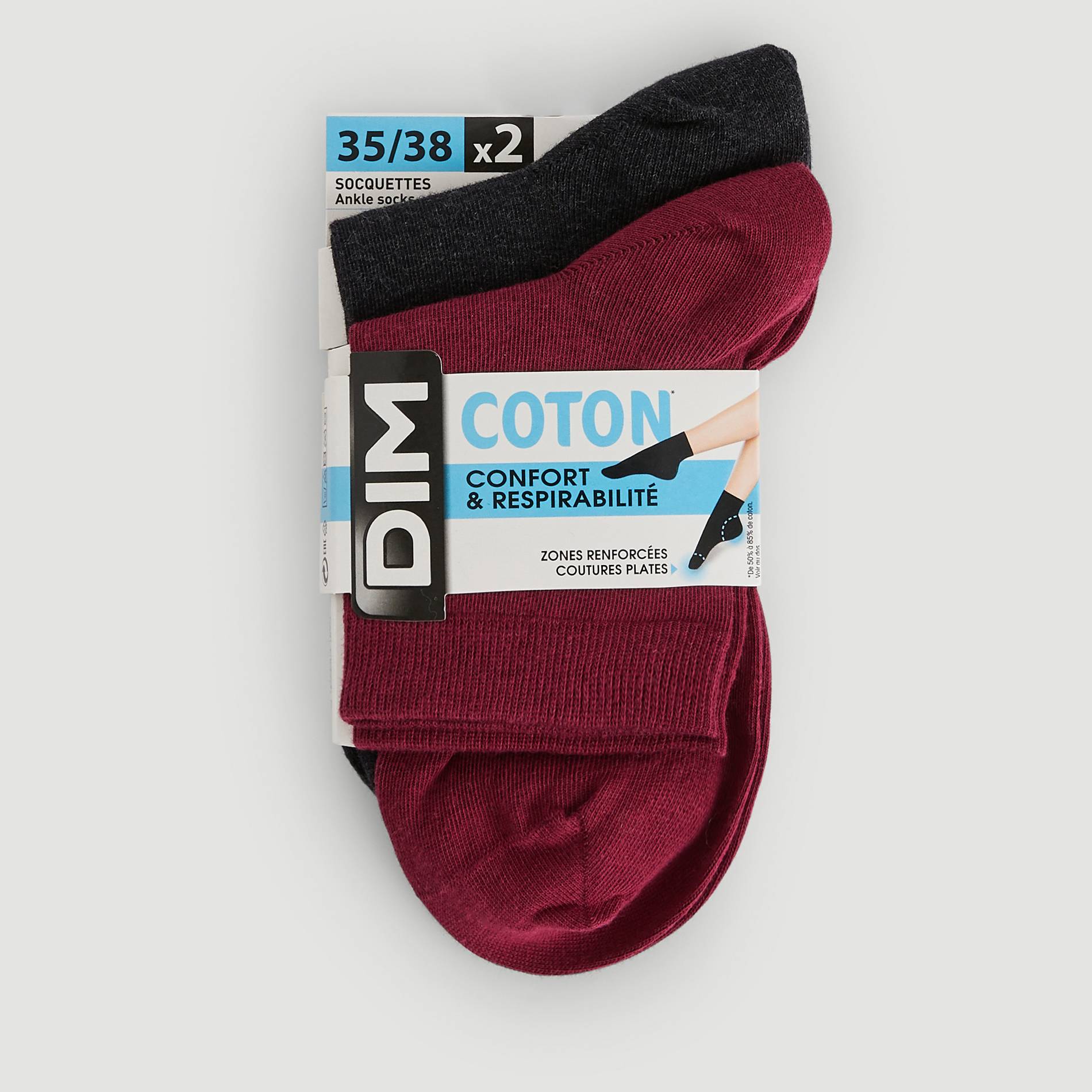 Lot de 2 paires de socquettes en coton DIM, Bordeaux, large image number 0