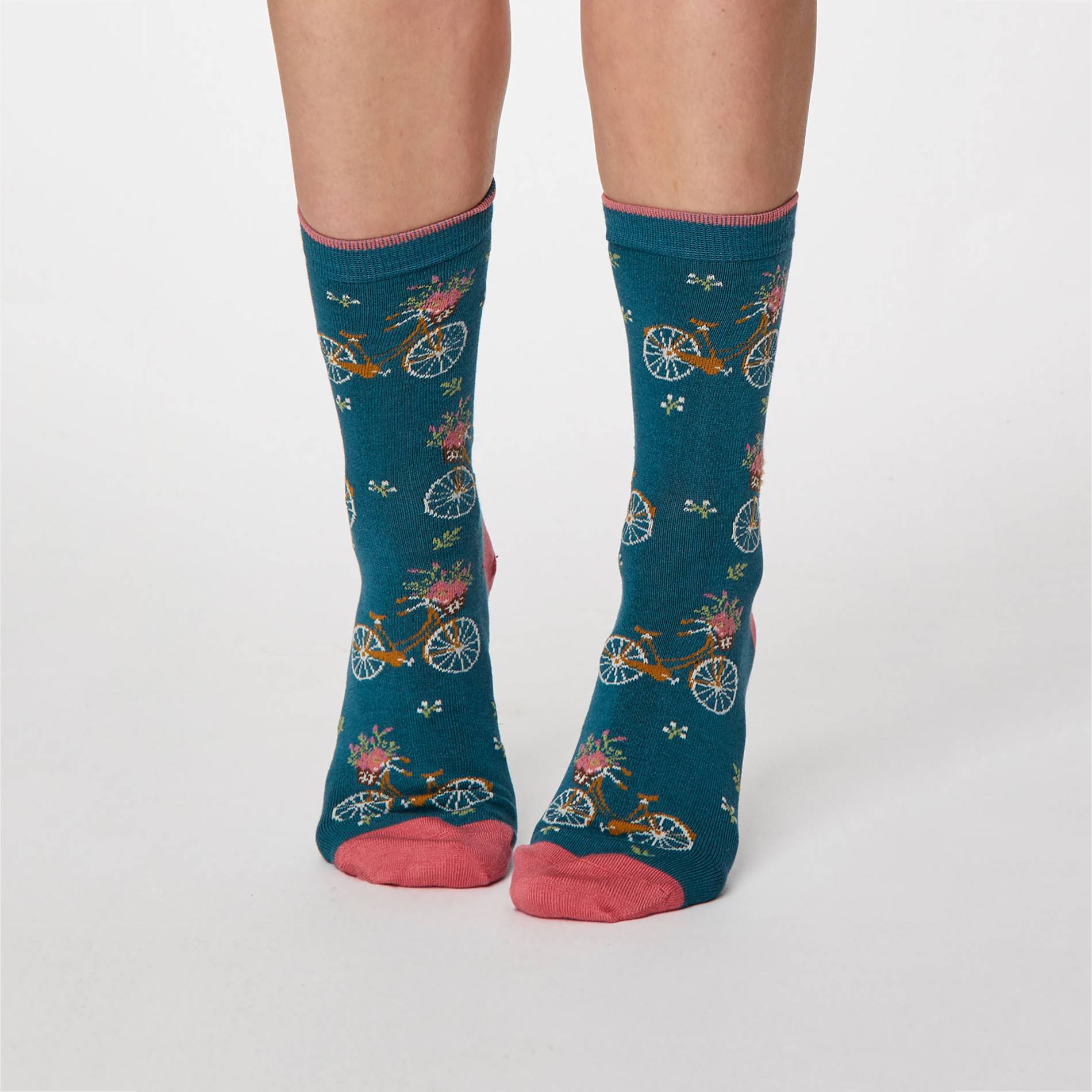 Chaussettes vélo fleurs, Bleu canard, large image number 0