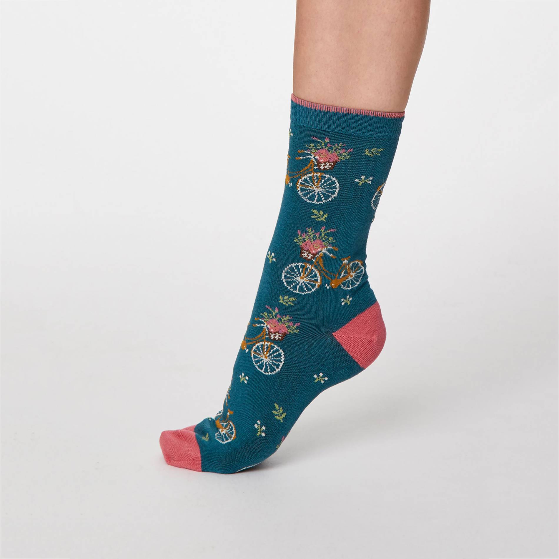 Chaussettes vélo fleurs, Bleu canard, large image number 1