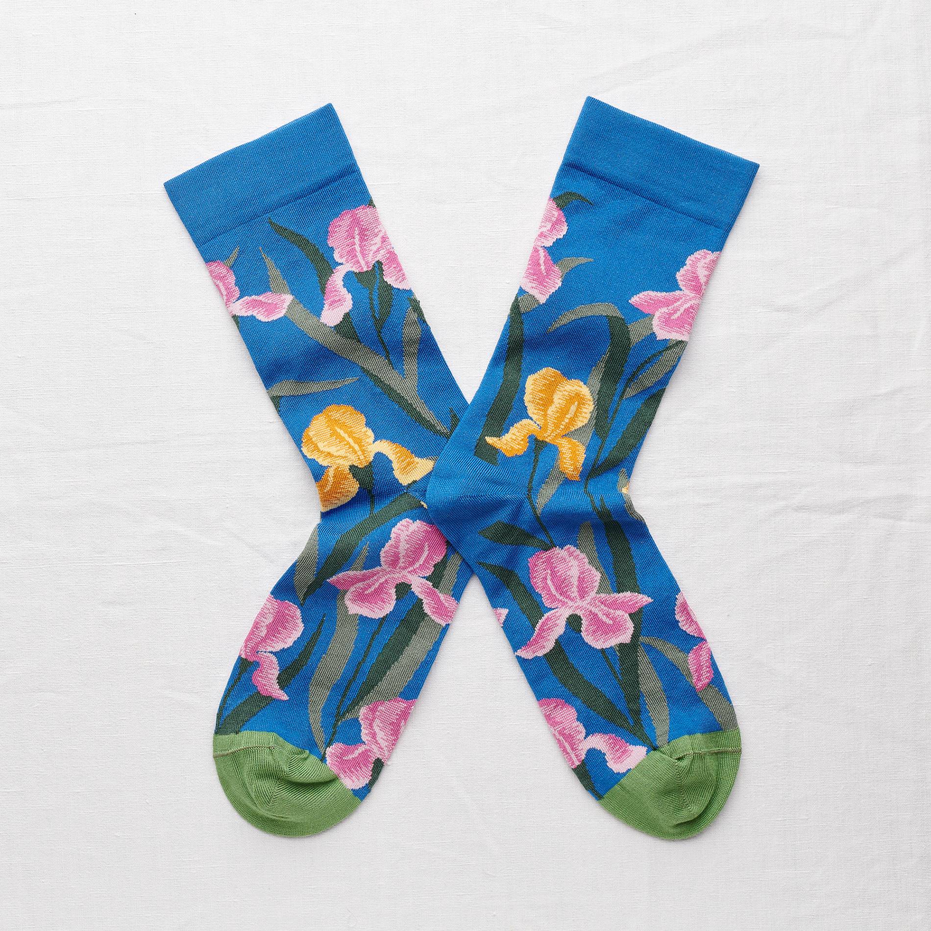Chaussettes grosses fleurs, Bleu, large image number 0.0