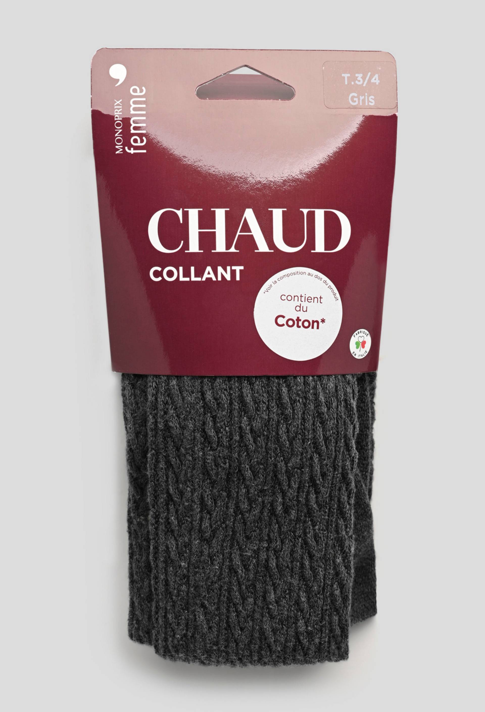 Collant torsade en coton CHAUD, Gris, large image number 0