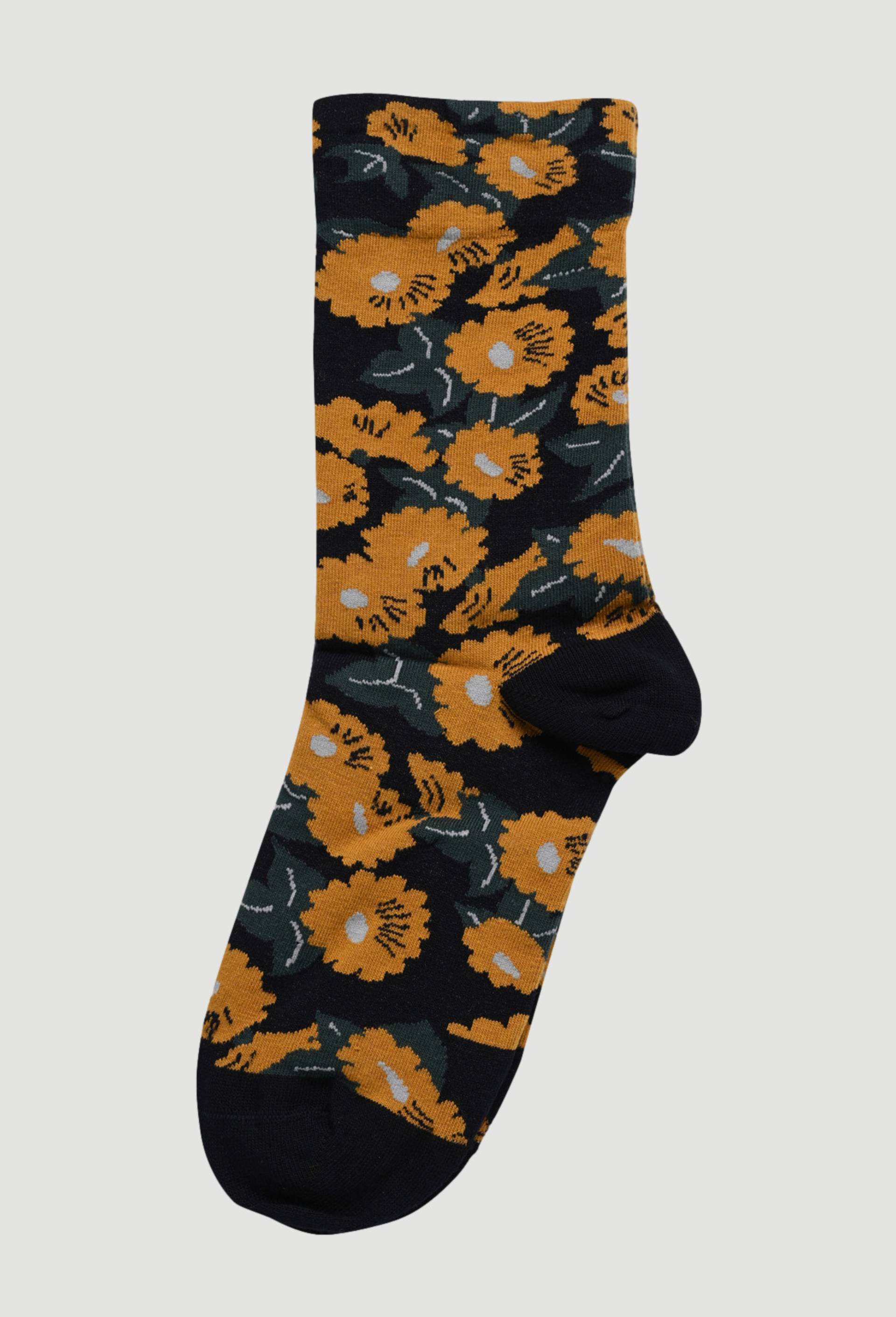 Paire de chaussettes fantaisie à fleurs en coton, Bleu foncé, large image number 0