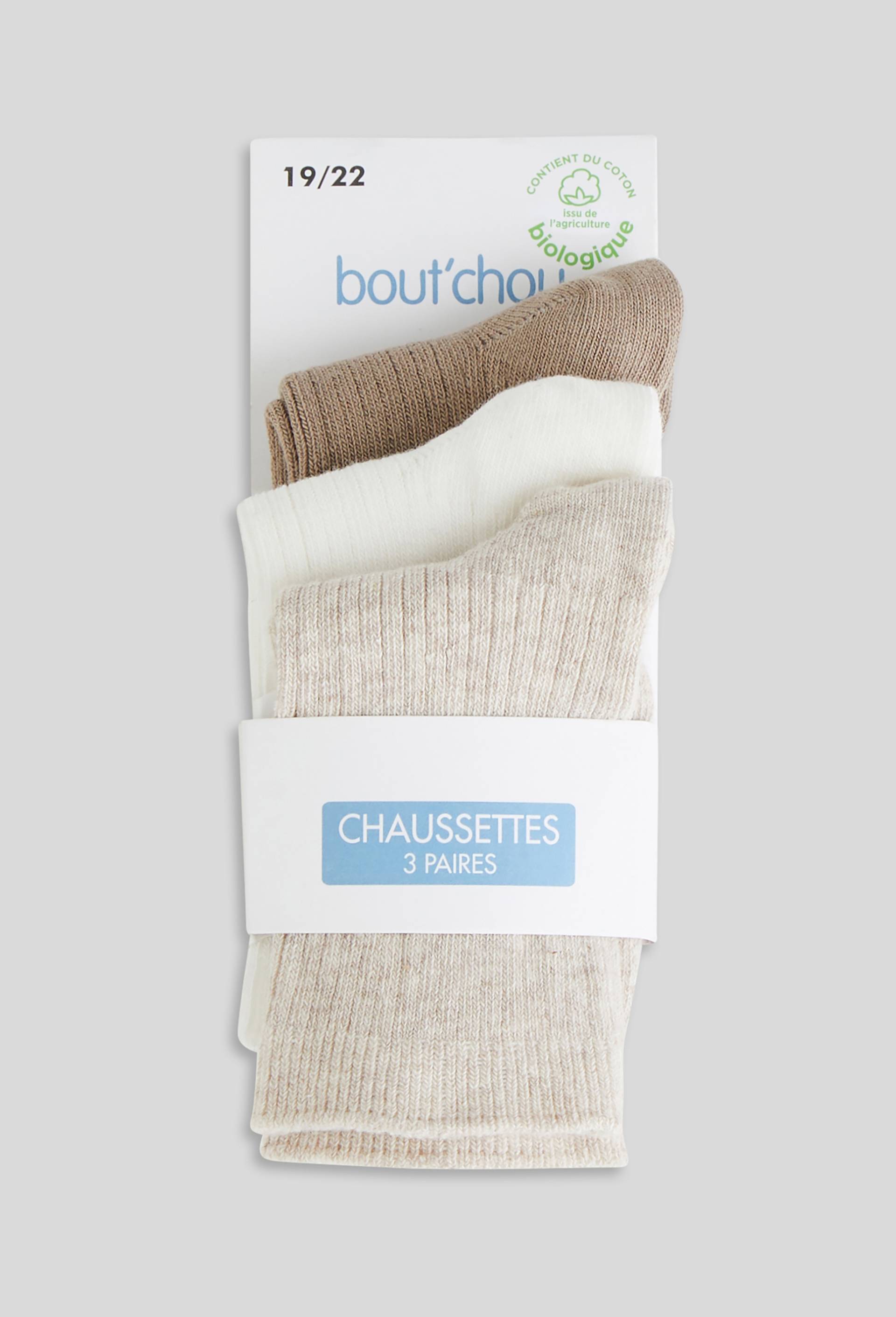 Lot de 3 paires de chaussettes unis contenant du coton BIO GOTS, Brun clair, large image number 1
