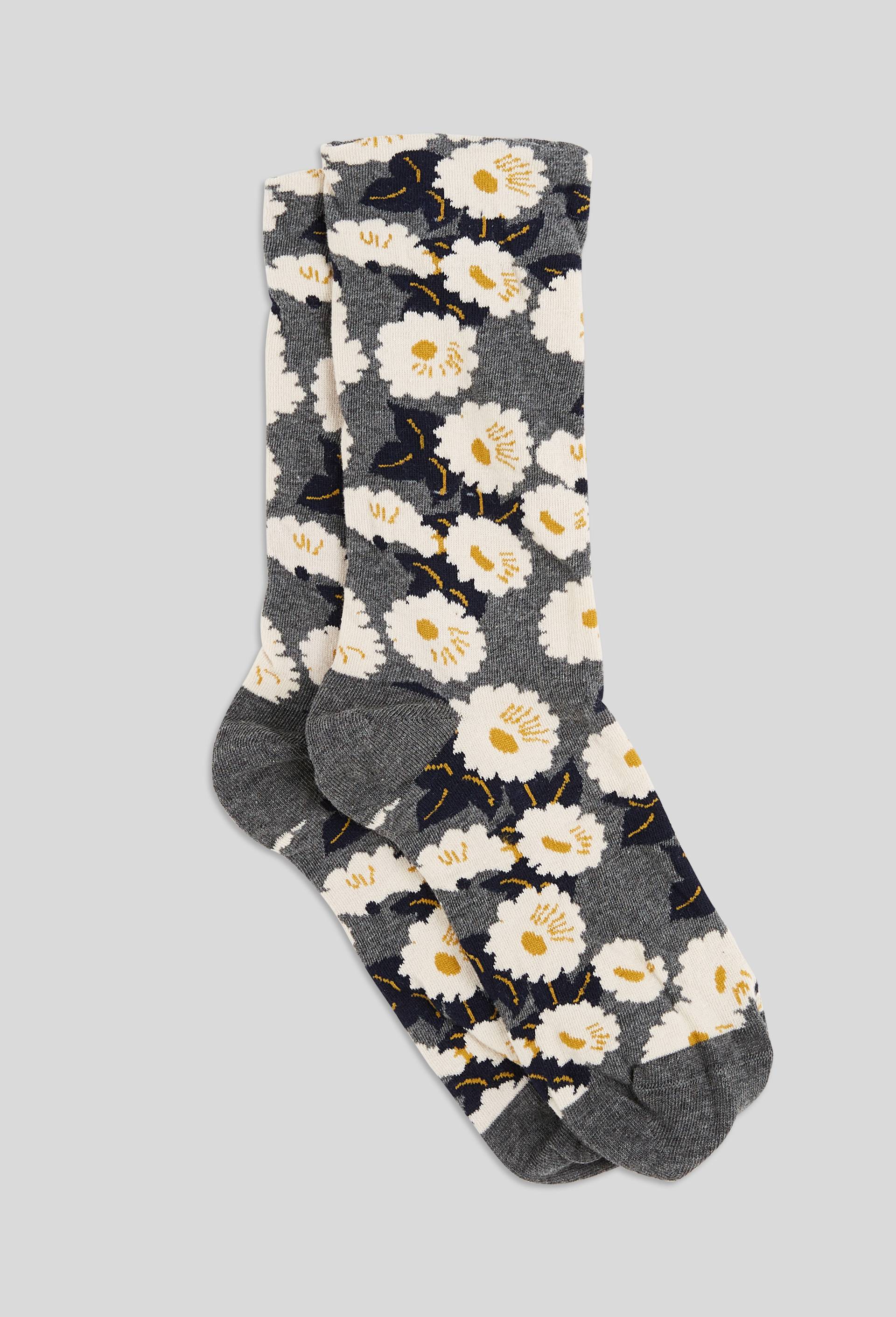 Paire de chaussettes fantaisie &agrave; fleurs en coton, Gris, large image number 0