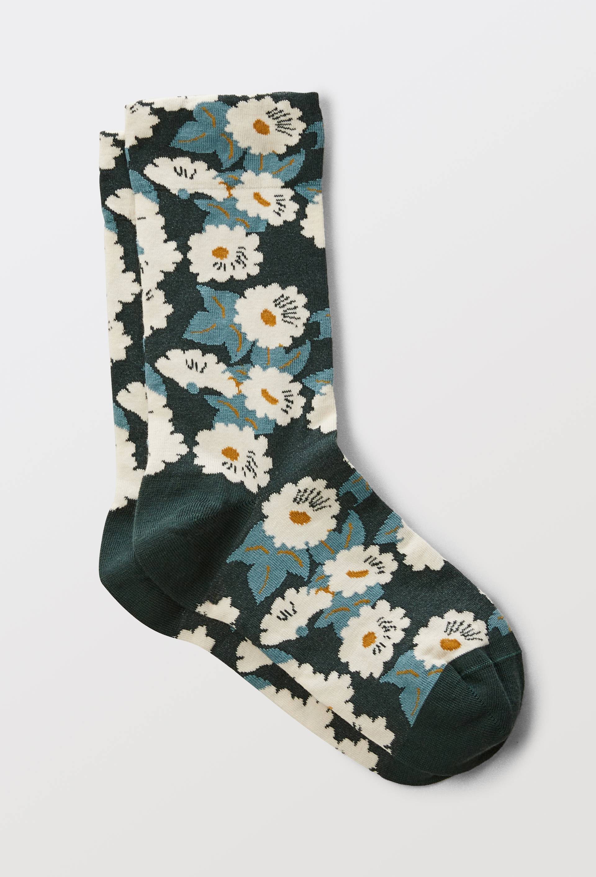 Paire de chaussettes fantaisie à fleurs en coton, Vert foncé, swatch image