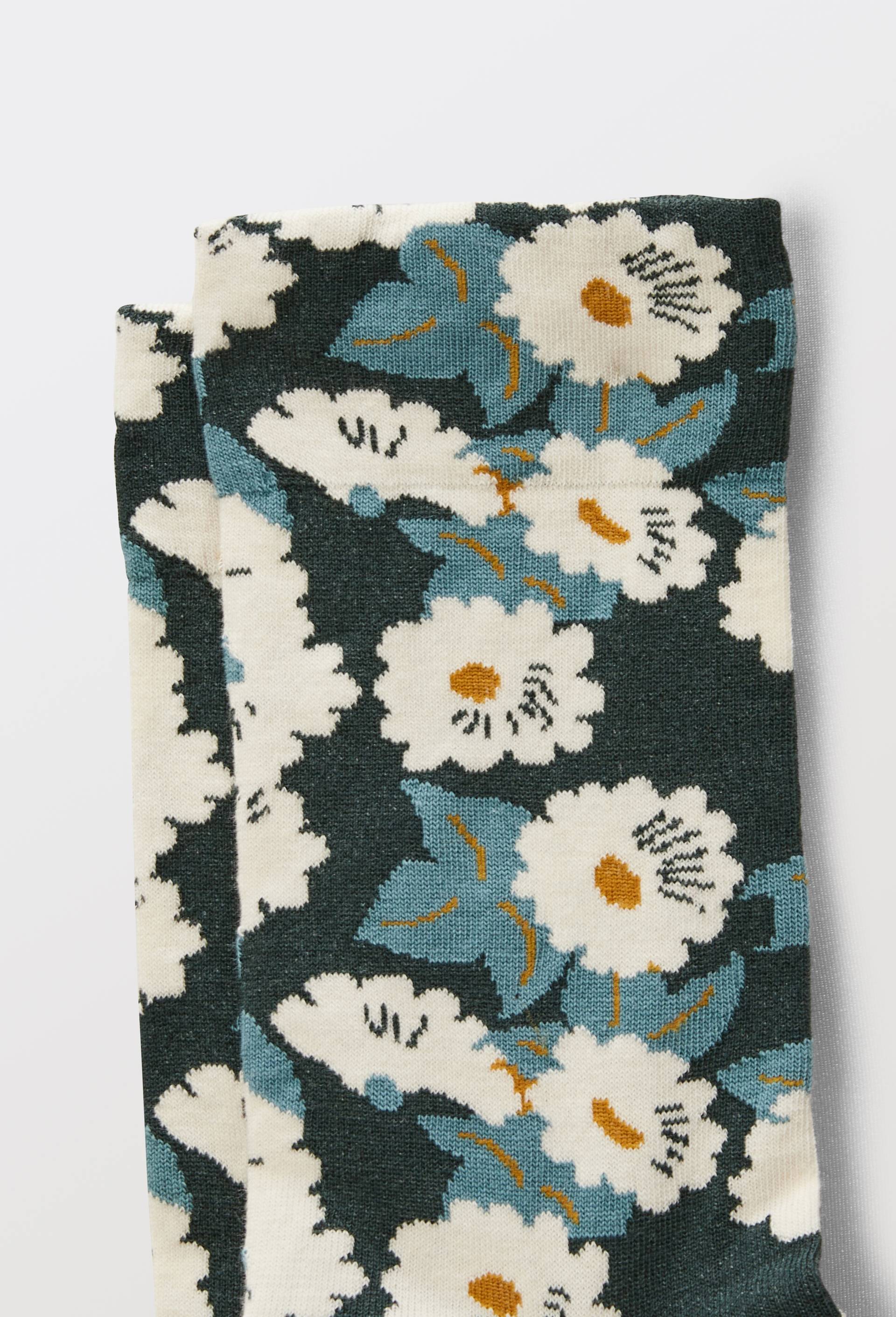 Paire de chaussettes fantaisie &agrave; fleurs en coton, Vert fonc&eacute;, large image number 1