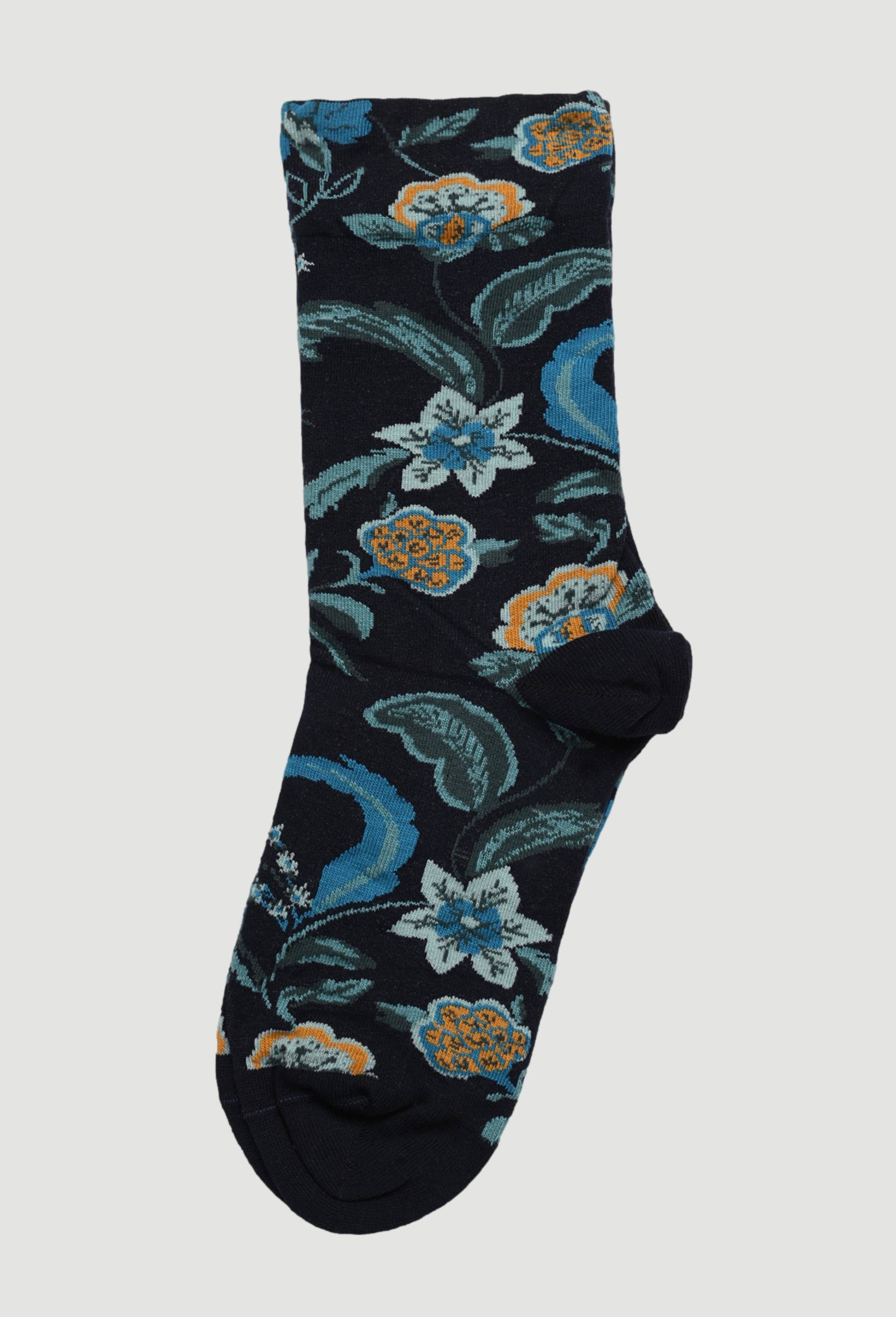 Paire de chaussettes fantaisie &agrave; fleurs en coton, Bleu fonc&eacute;, large image number 0