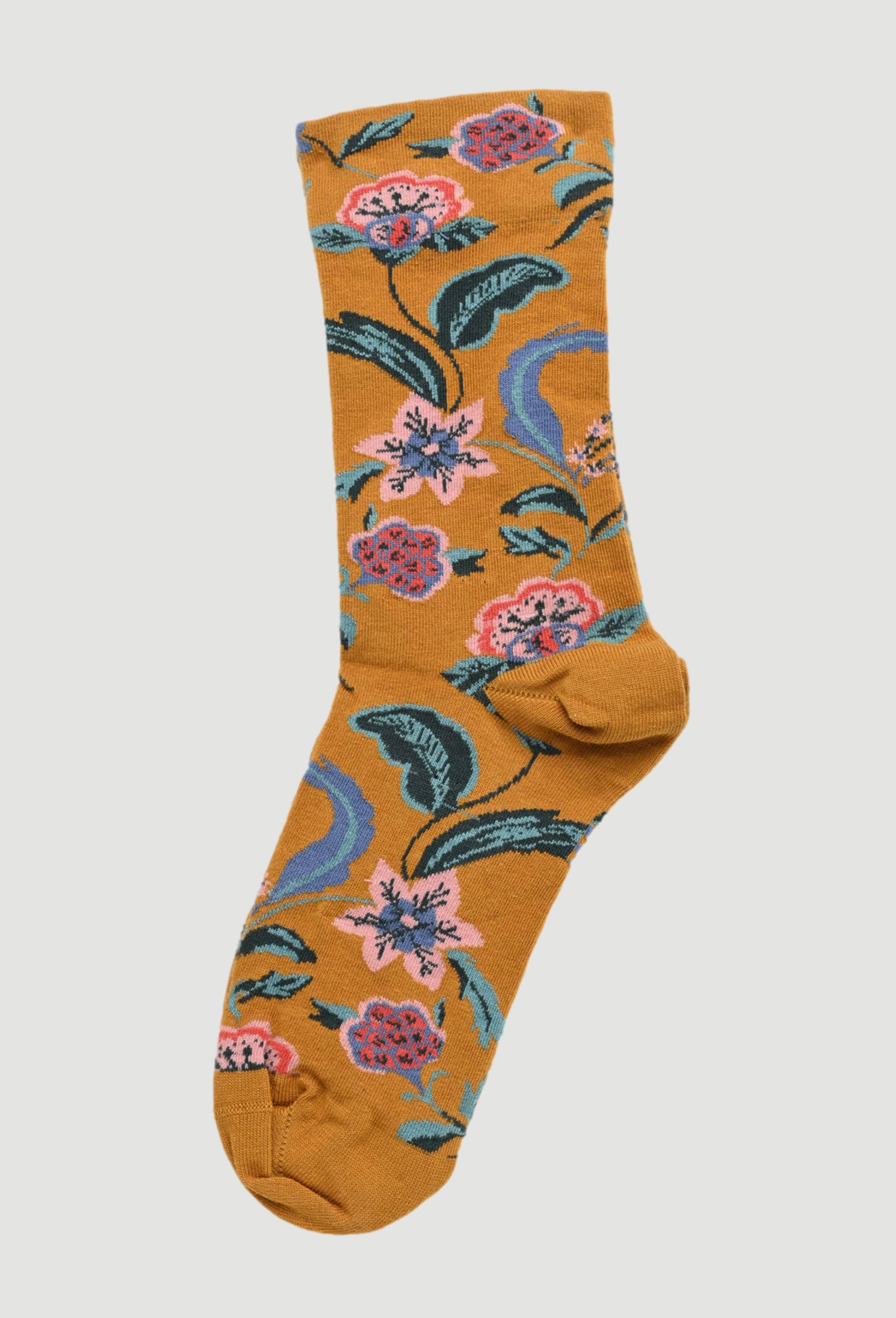 Paire de chaussettes fantaisie &agrave; fleurs en coton, Jaune, large image number 0