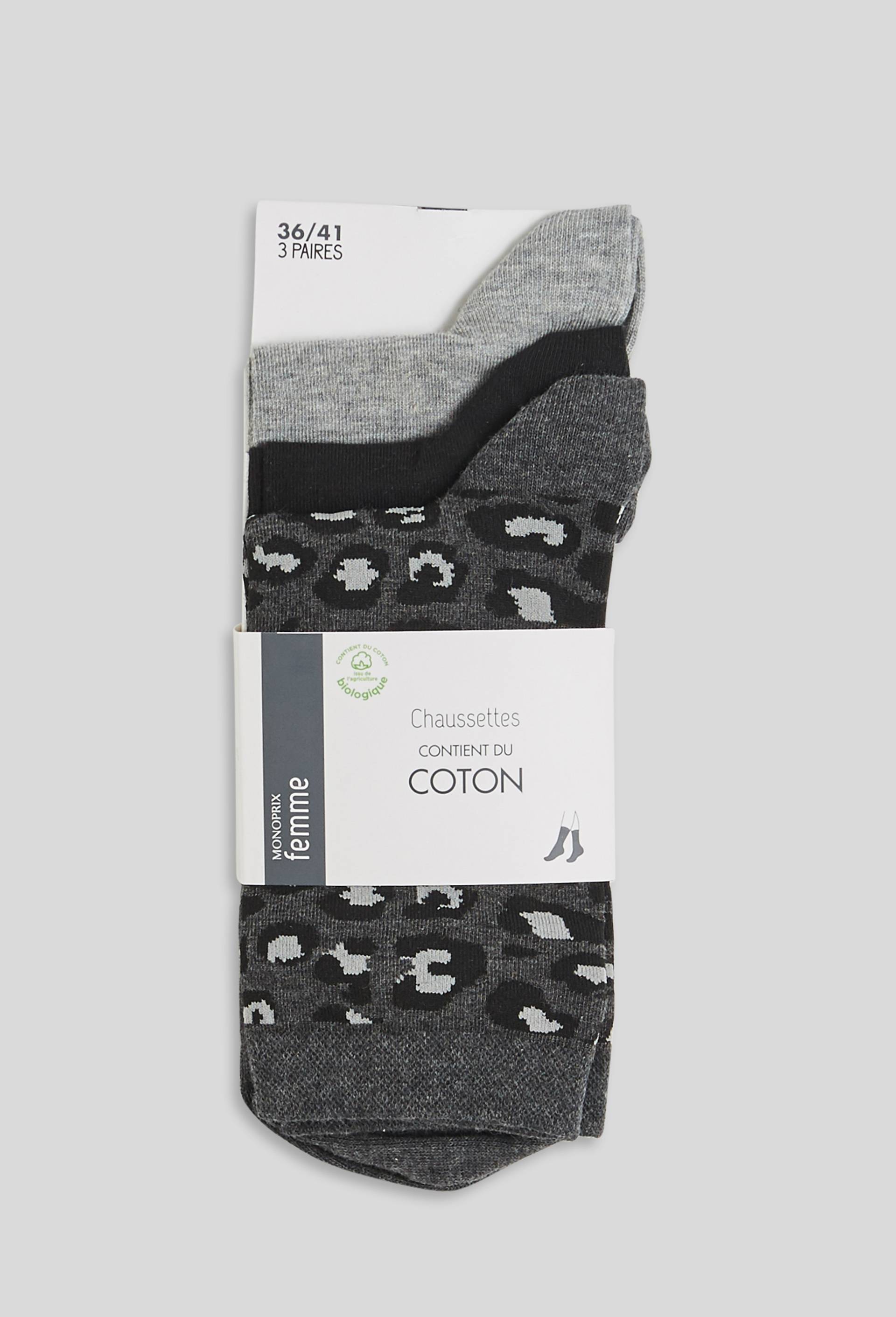 Lot de 3 paires de chaussettes fantaisie &agrave; motifs l&eacute;opard en coton, Gris, large image number 1