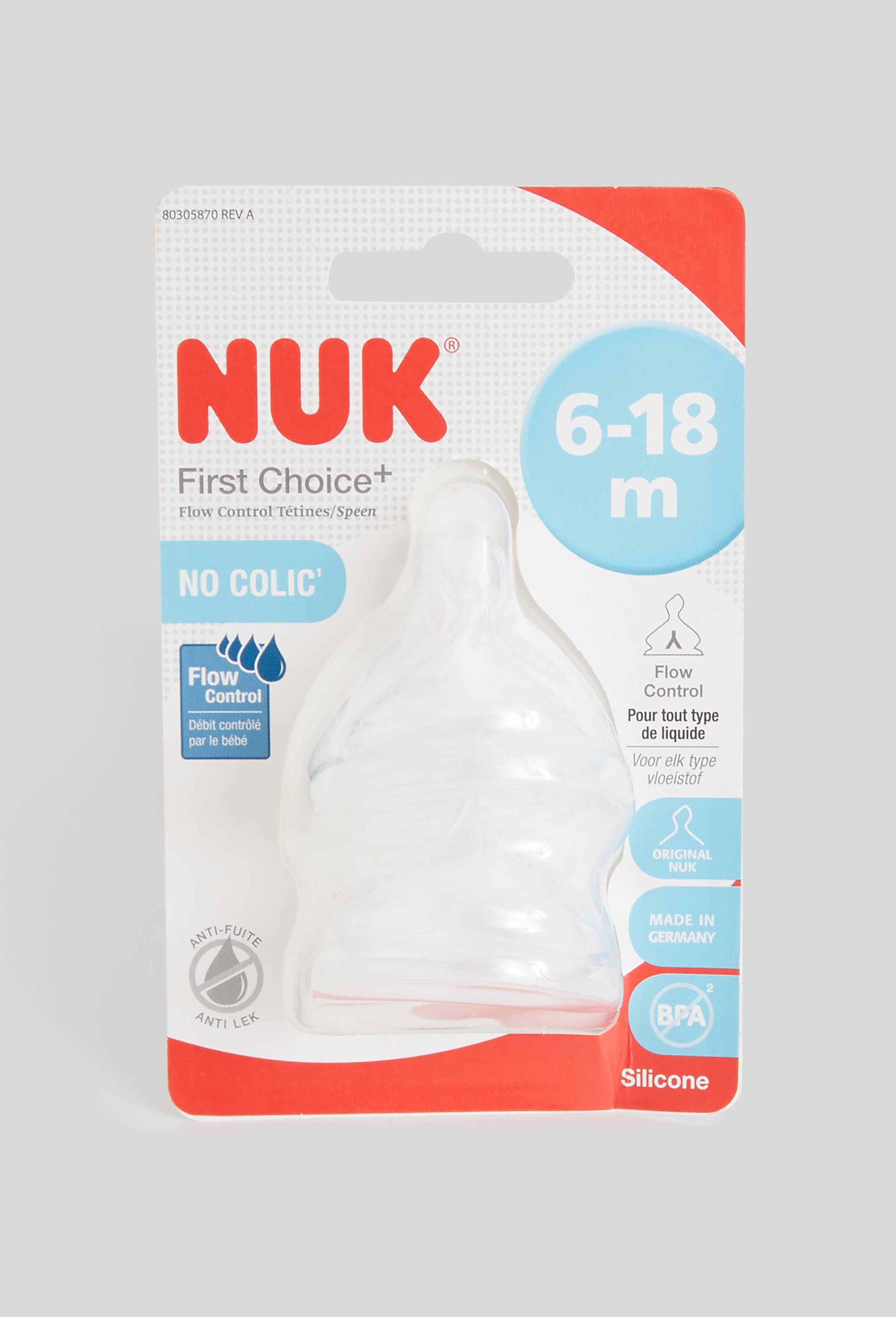 Lot de 2 t&eacute;tines NUK First Choice Plus Flow Control en silicone, 6 - 18 mois, Blanc, large image number 1