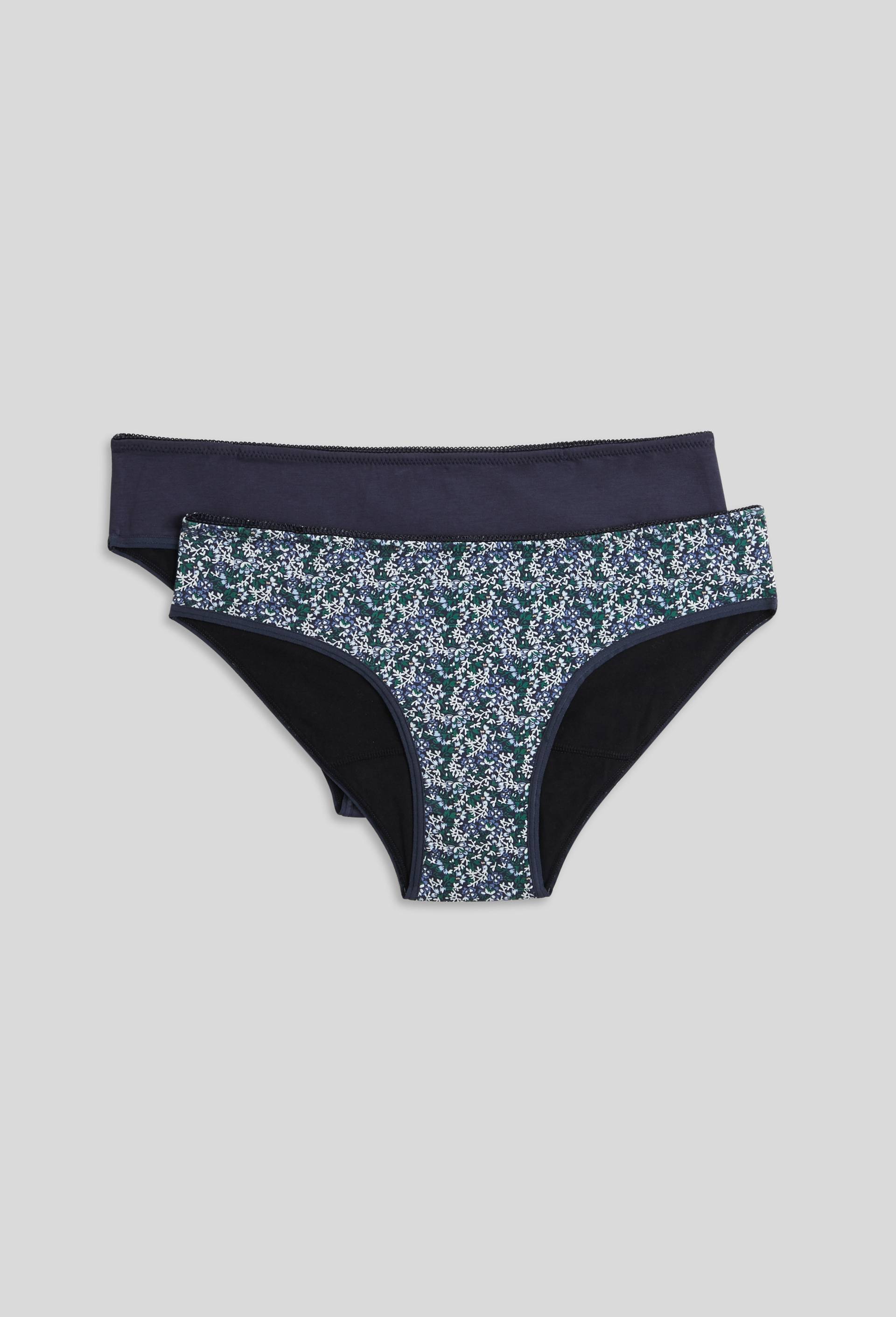 Lot de 2 culottes menstruelles imprim&eacute;e et unie contenant du coton BIO, Bleu fonc&eacute;, large image number 2
