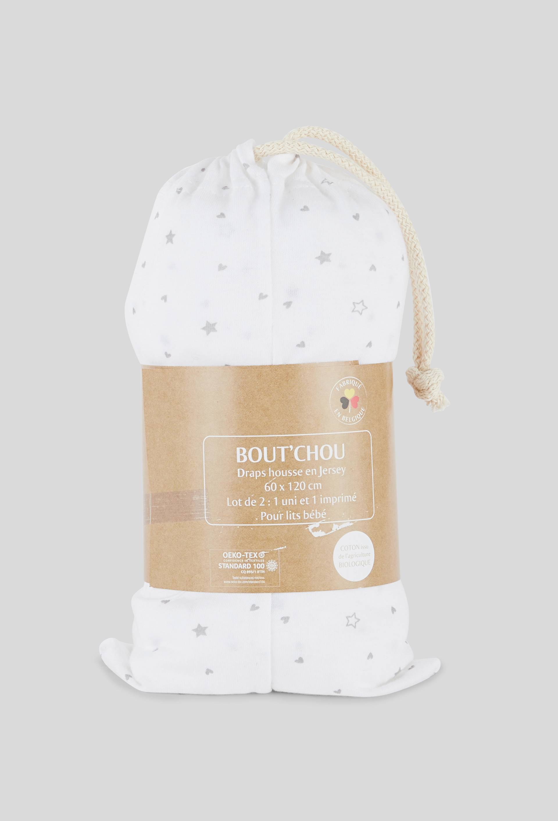 Lot de 2 draps 60x120 contenant du coton BIO, certifi&eacute; OEKO-TEX, Blanc, large image number 1