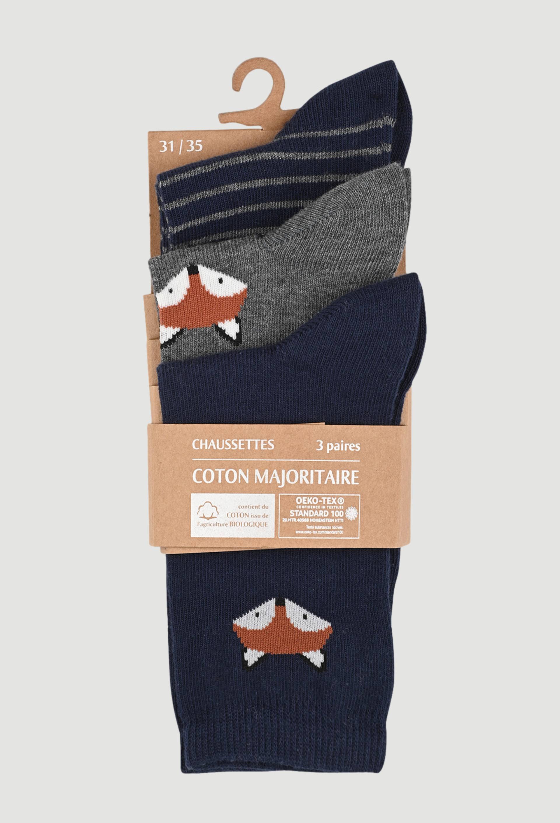 Lot de 3 paires de chaussettes &agrave; motifs contenant du coton BIO, Bleu fonc&eacute;, large image number 0