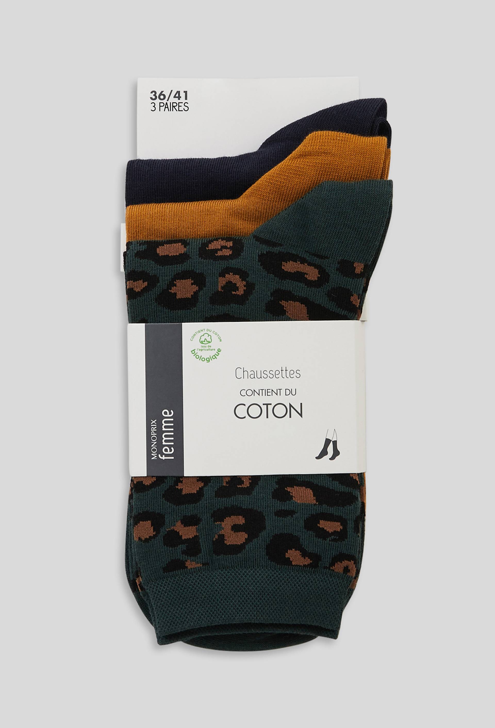 Lot de 3 paires de chaussettes fantaisie &agrave; motifs l&eacute;opard en coton, Brun clair, large image number 1