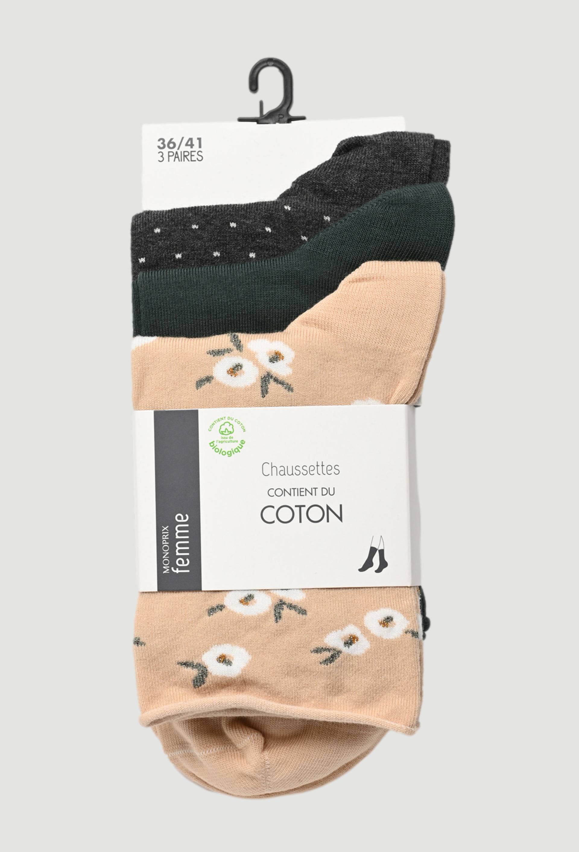 Lot de 3 paires de chaussettes en coton à fleurs, Beige, large image number 0.0