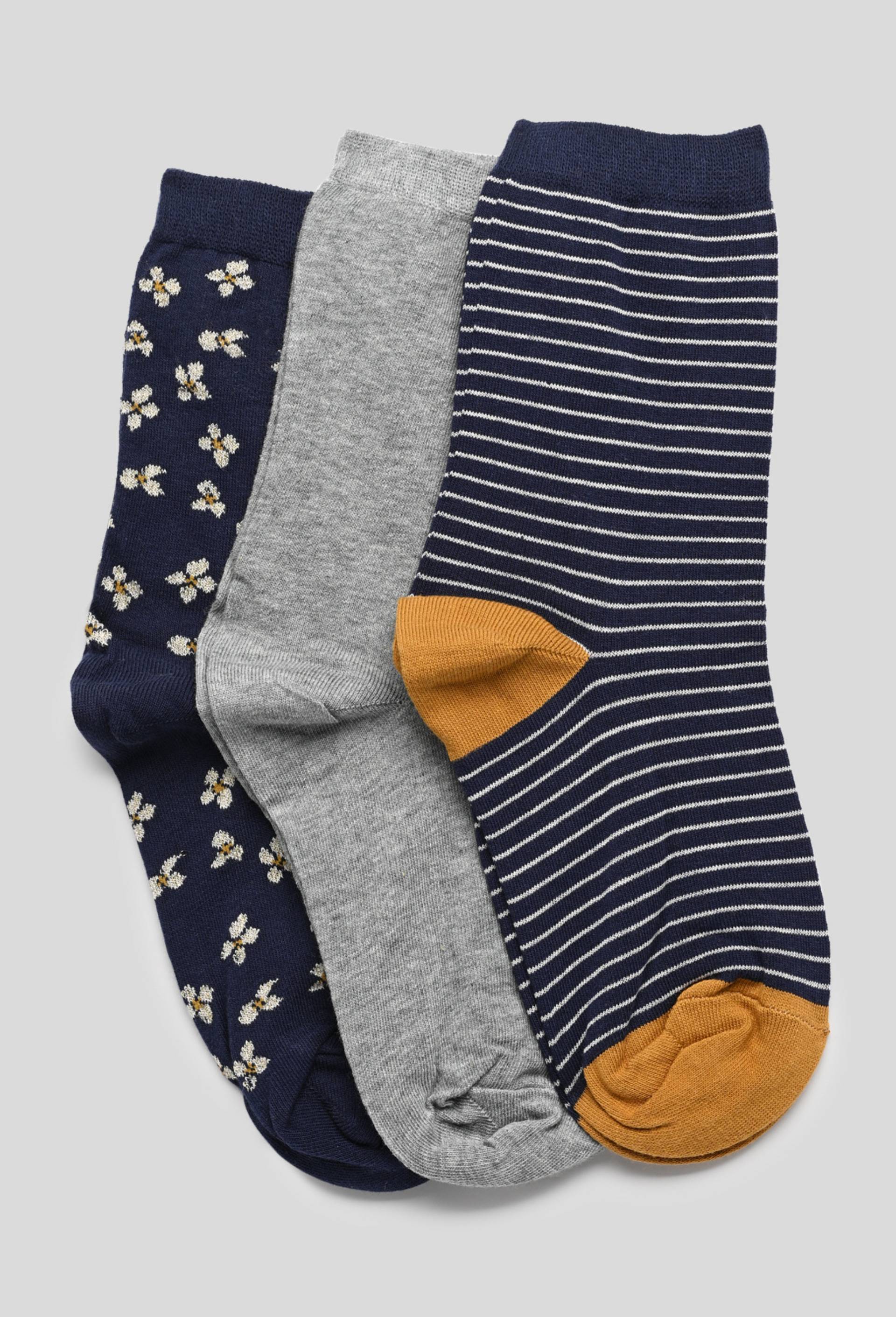 Lot de 3 paires de chaussettes à fleurs en coton, Bleu foncé, large image number 0
