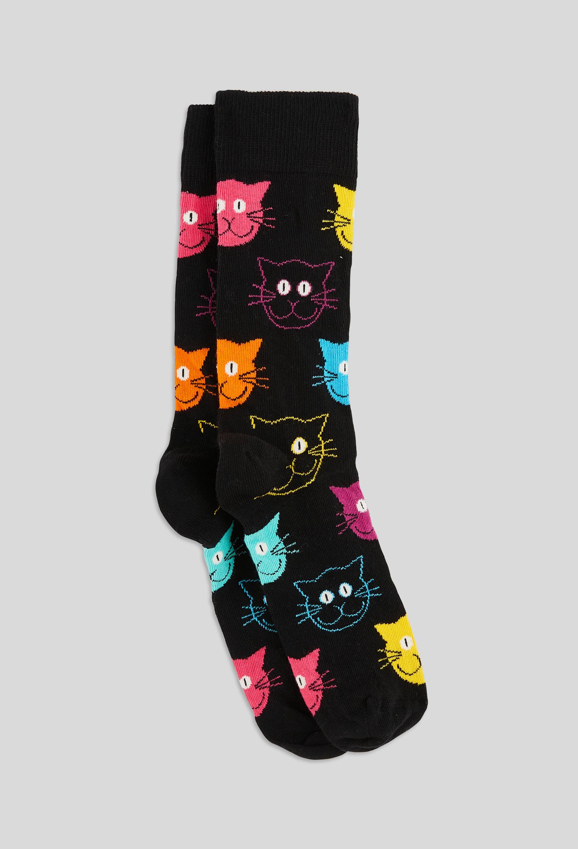 Paire de chaussettes &agrave; motifs chat en coton HAPPY SOCKS, Noir, large image number 1