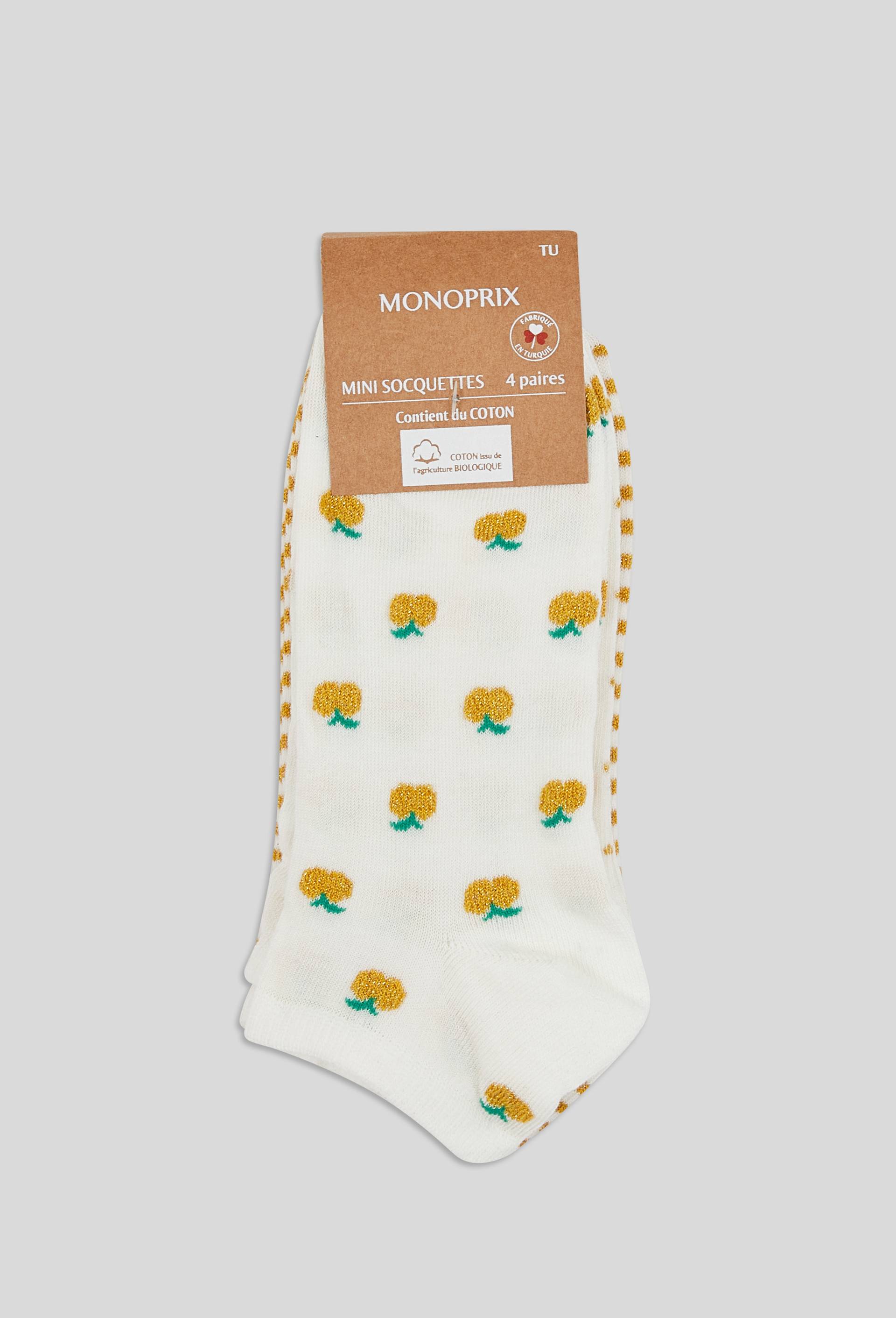 Lot de 4 paires de mini-socquettes fantaisie en coton, Ecru, large image number 1