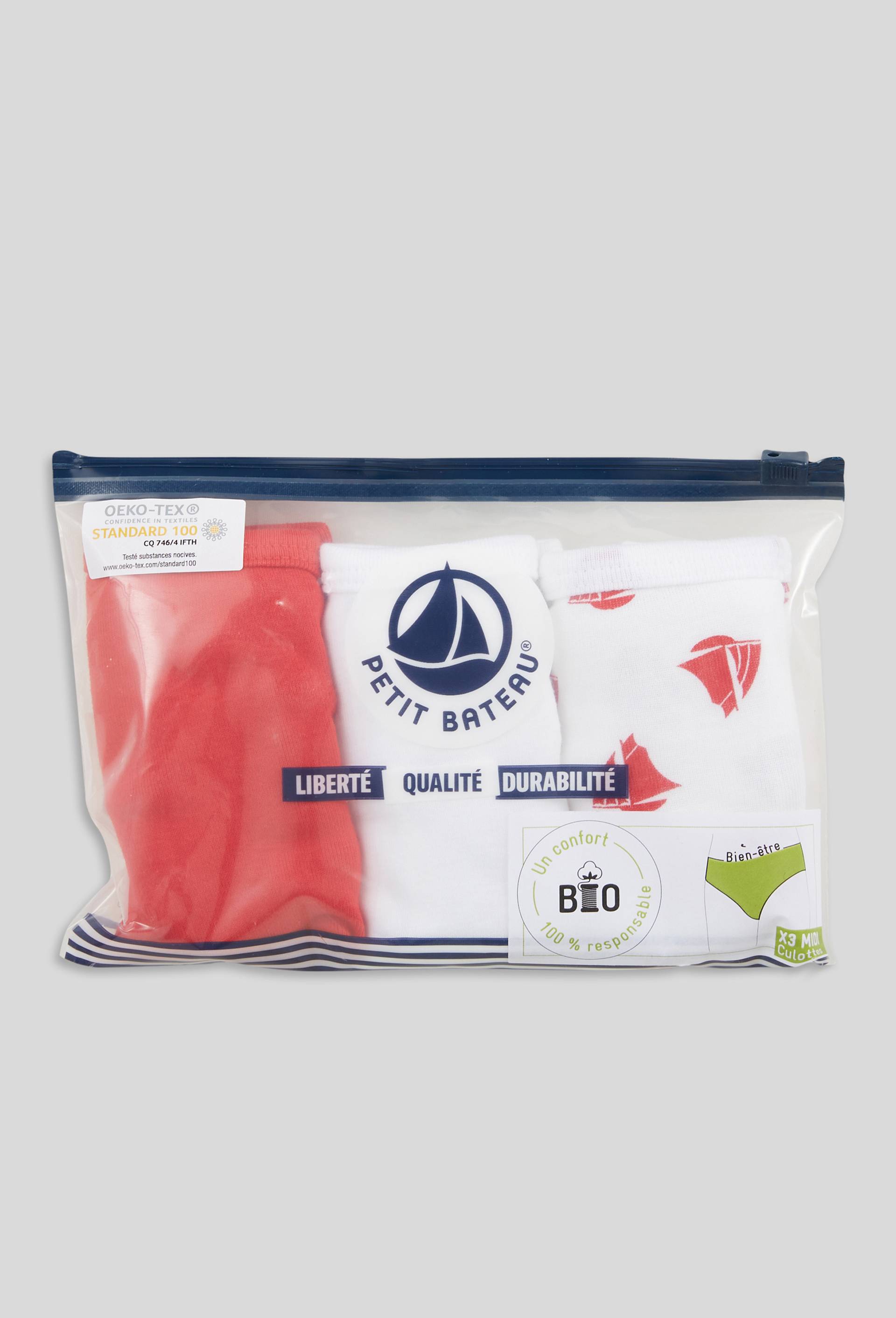 Lot de 3 culottes midi en coton BIO Petit Bateau, certifié OEKO-TEX, Rouge, large image number 0