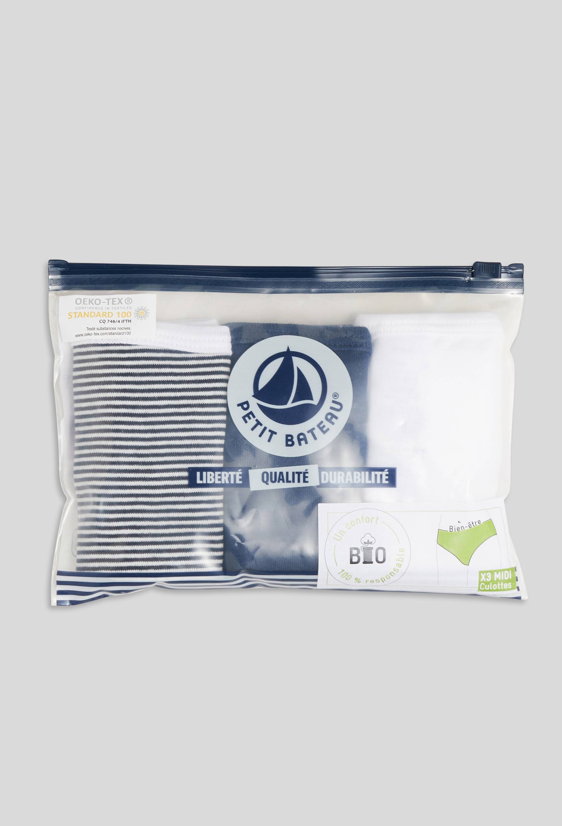 Lot de 3 culottes midi en coton BIO Petit Bateau, certifié OEKO-TEX, Bleu foncé, large image number 1.0