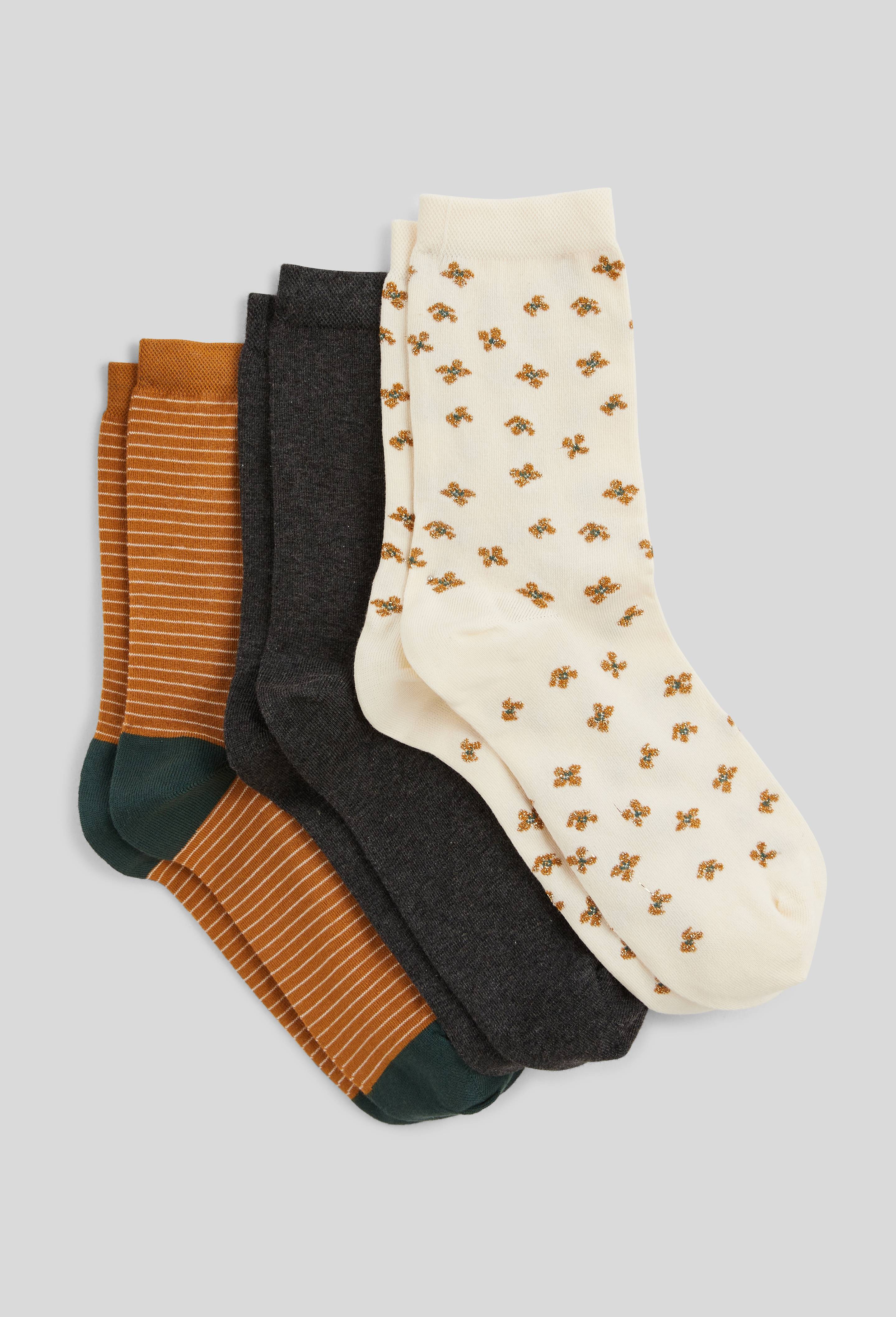 Lot de 3 paires de chaussettes fantaisie à fleurs avec du lurex en coton, Brun clair, swatch image