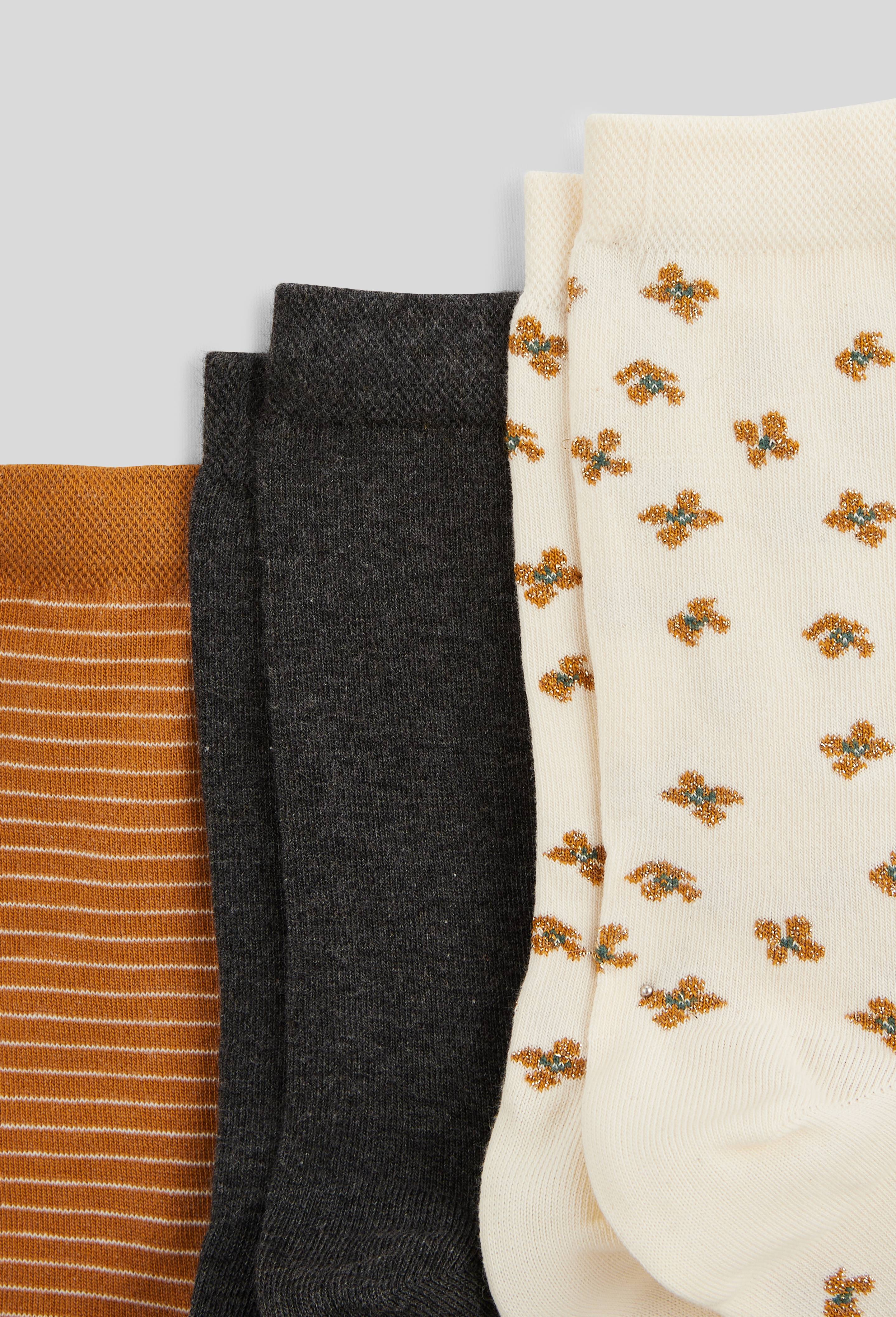 Lot de 3 paires de chaussettes fantaisie à fleurs avec du lurex en coton, Brun clair, large image number 1