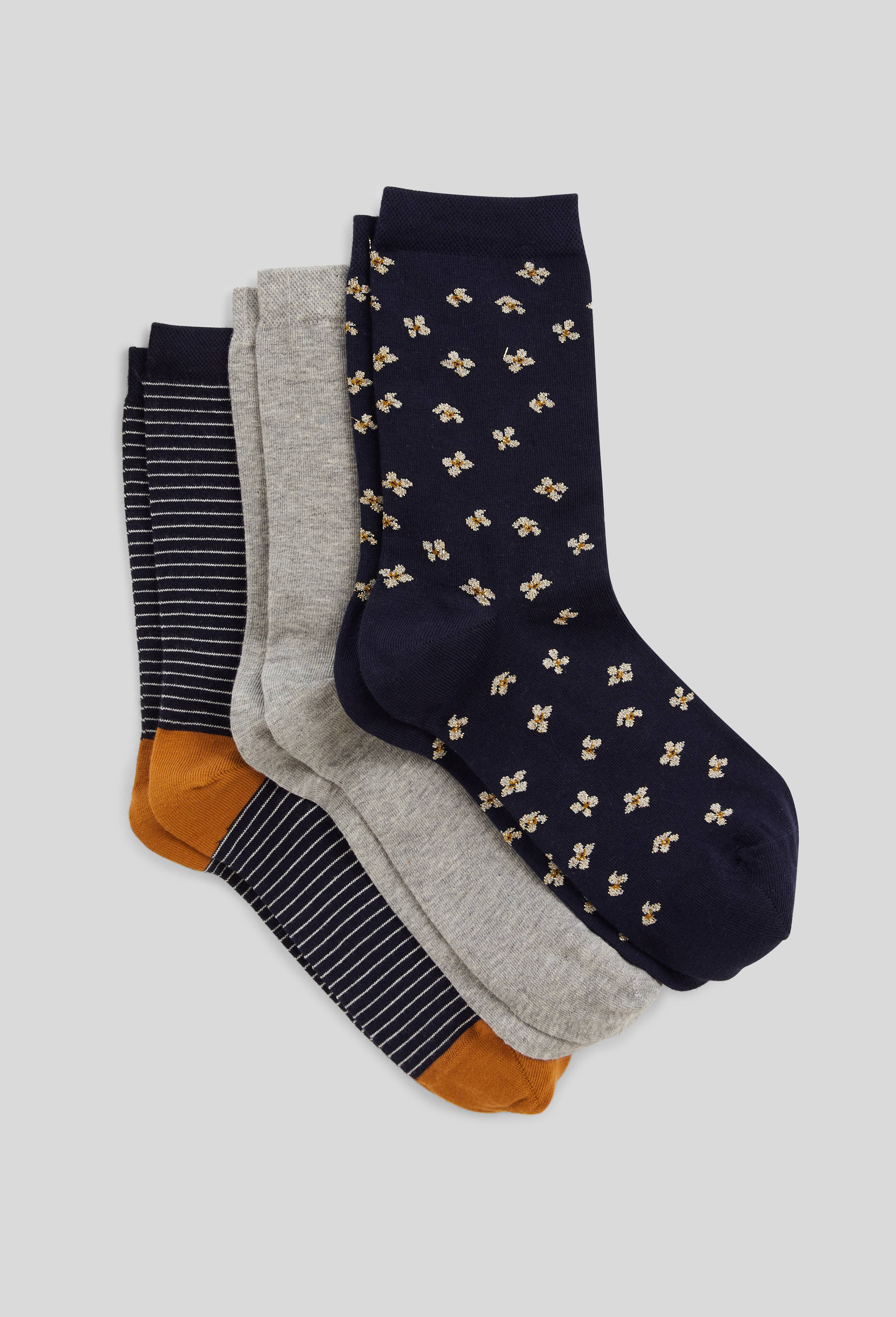 Lot de 3 paires de chaussettes fantaisie à fleurs avec du lurex en coton, Bleu foncé, swatch image