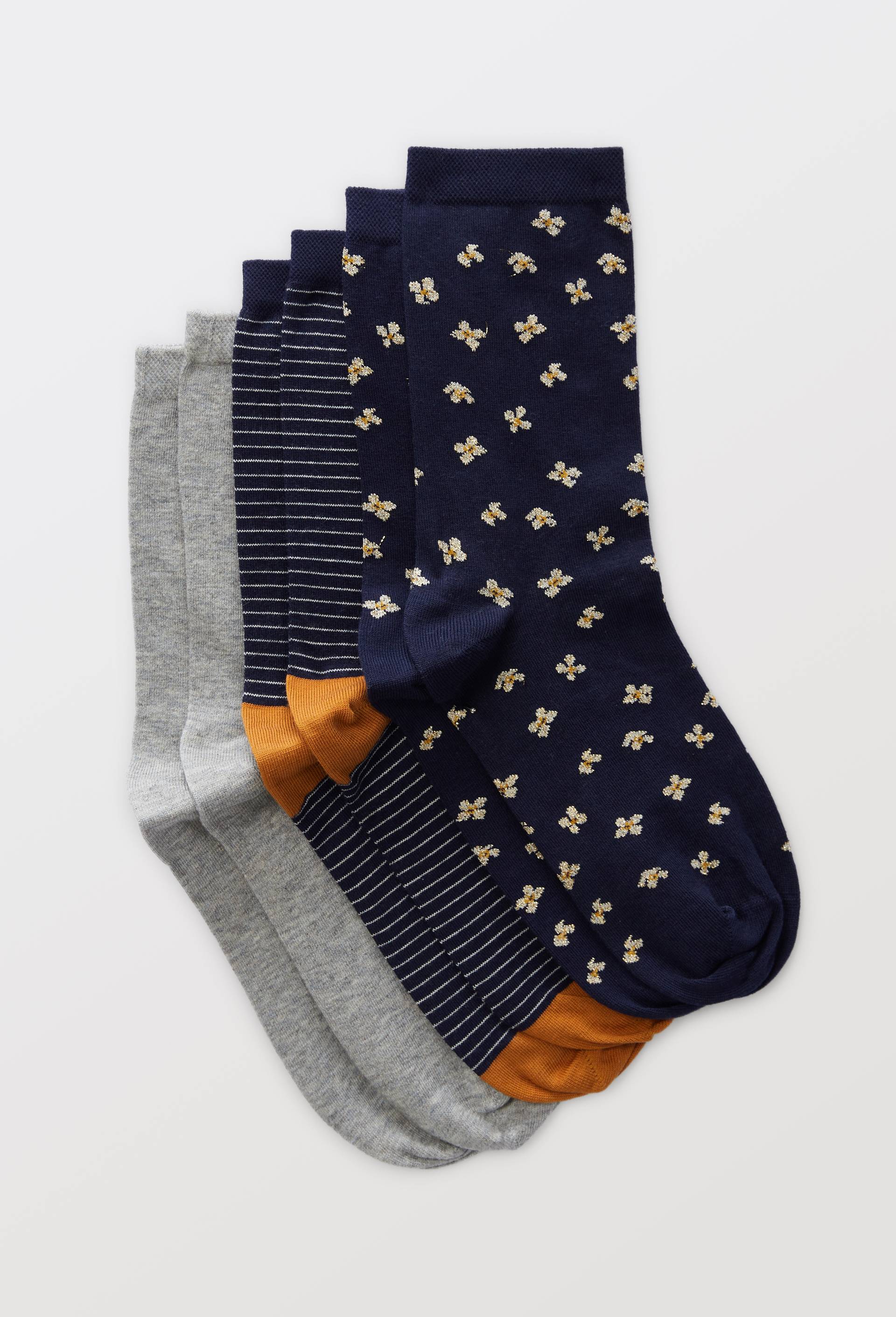 Lot de 3 paires de chaussettes fantaisie &agrave; fleurs avec du lurex en coton, Bleu fonc&eacute;, large image number 0