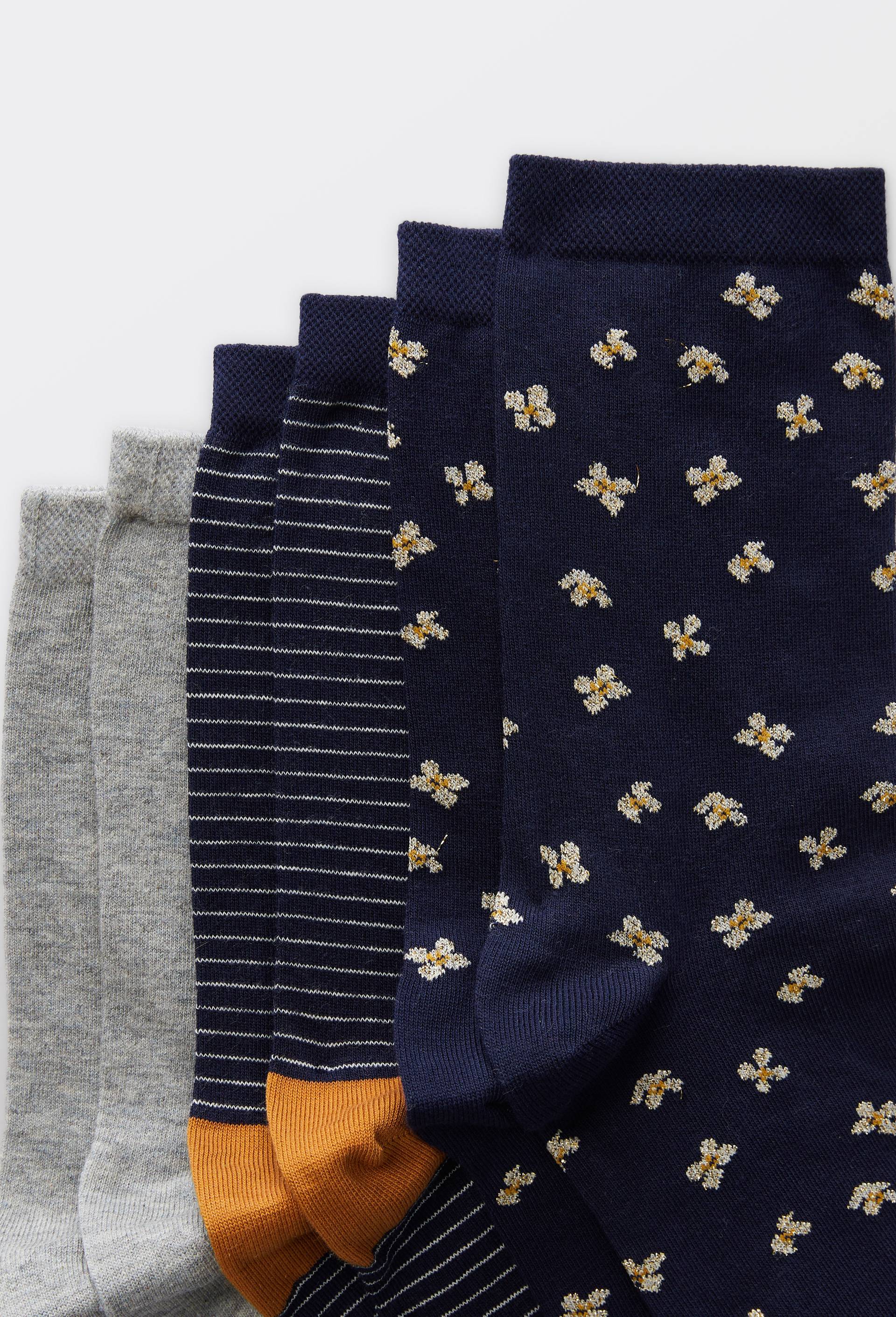 Lot de 3 paires de chaussettes fantaisie &agrave; fleurs avec du lurex en coton, Bleu fonc&eacute;, large image number 1.0