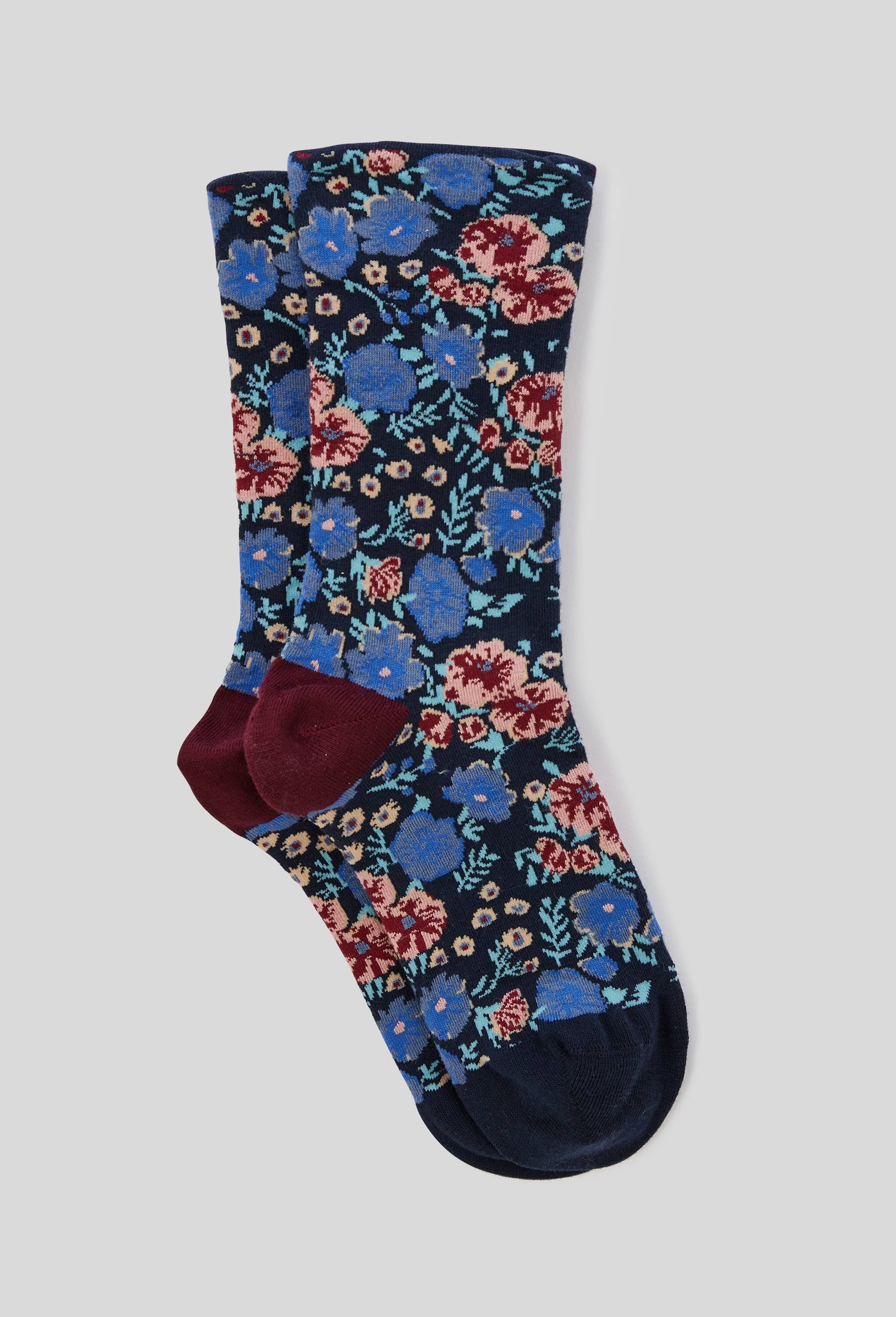 Paire de chaussettes fantaisie &agrave; motifs fleurs en coton, Bleu fonc&eacute;, large image number 0