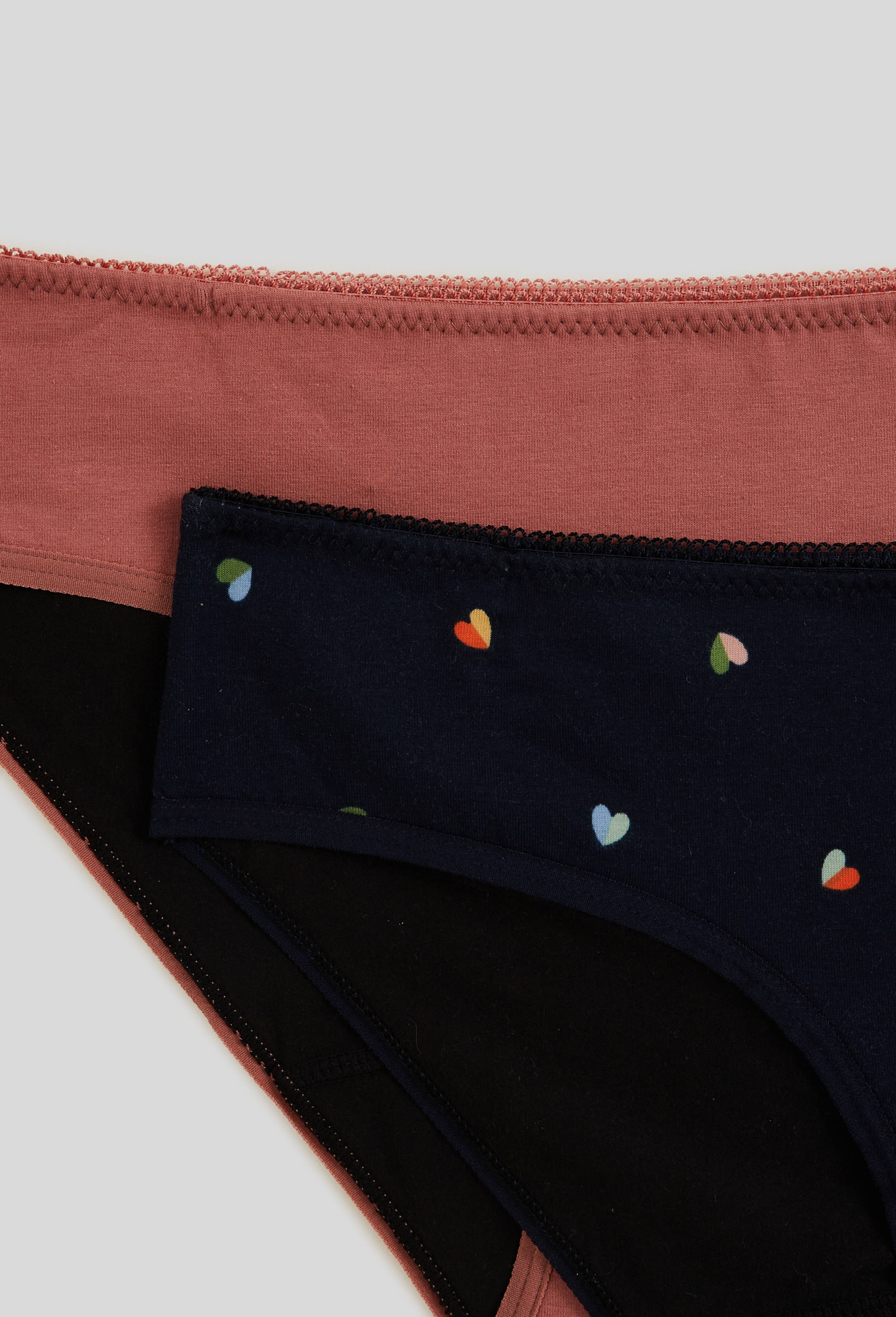 Lot de 2 culottes menstruelles imprim&eacute;e et unie contenant du coton BIO, Bleu fonc&eacute;, large image number 1