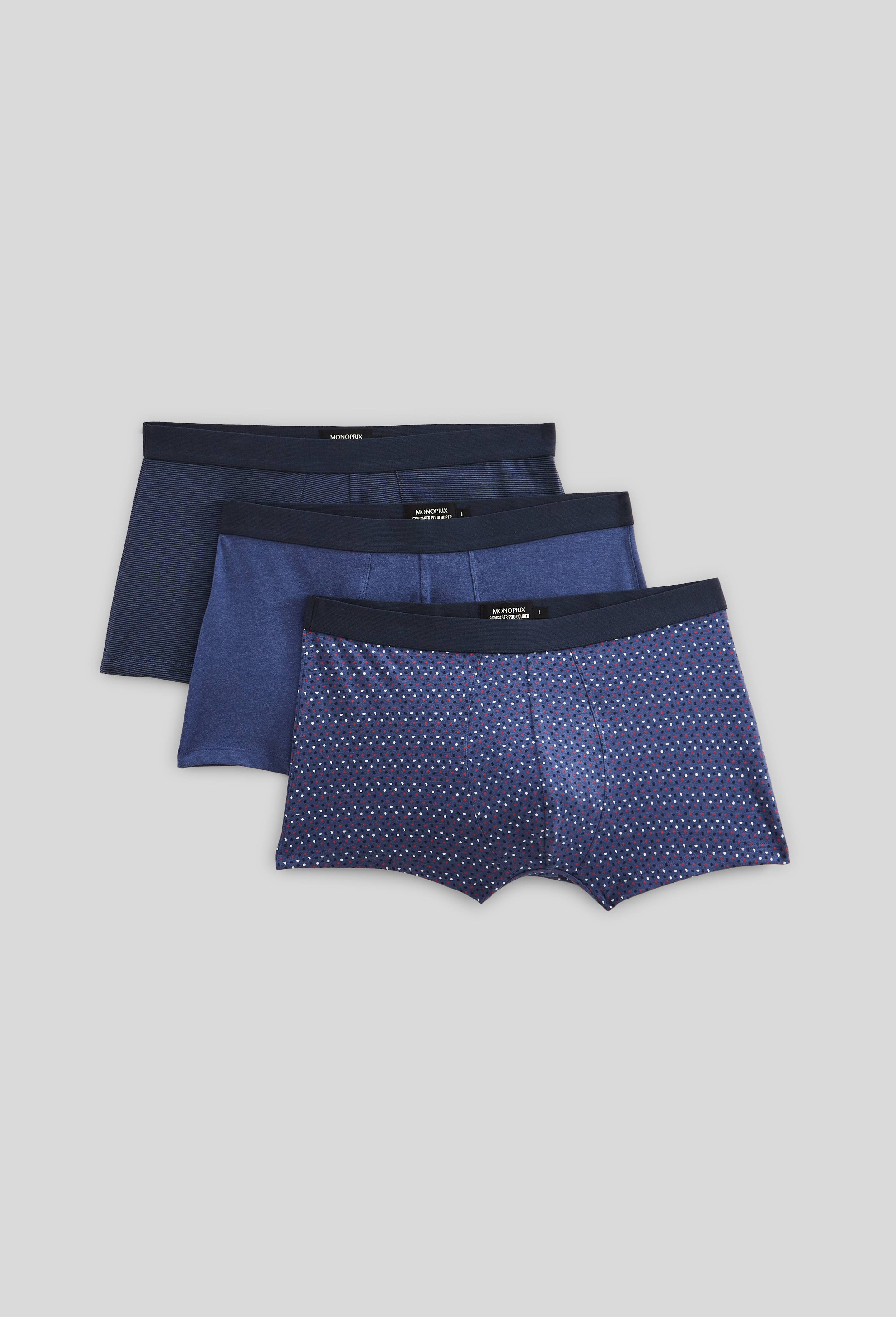 Lot de 3 boxers &agrave; rayures & &agrave; pois en coton BIO GOTS, Bleu fonc&eacute;, swatch image
