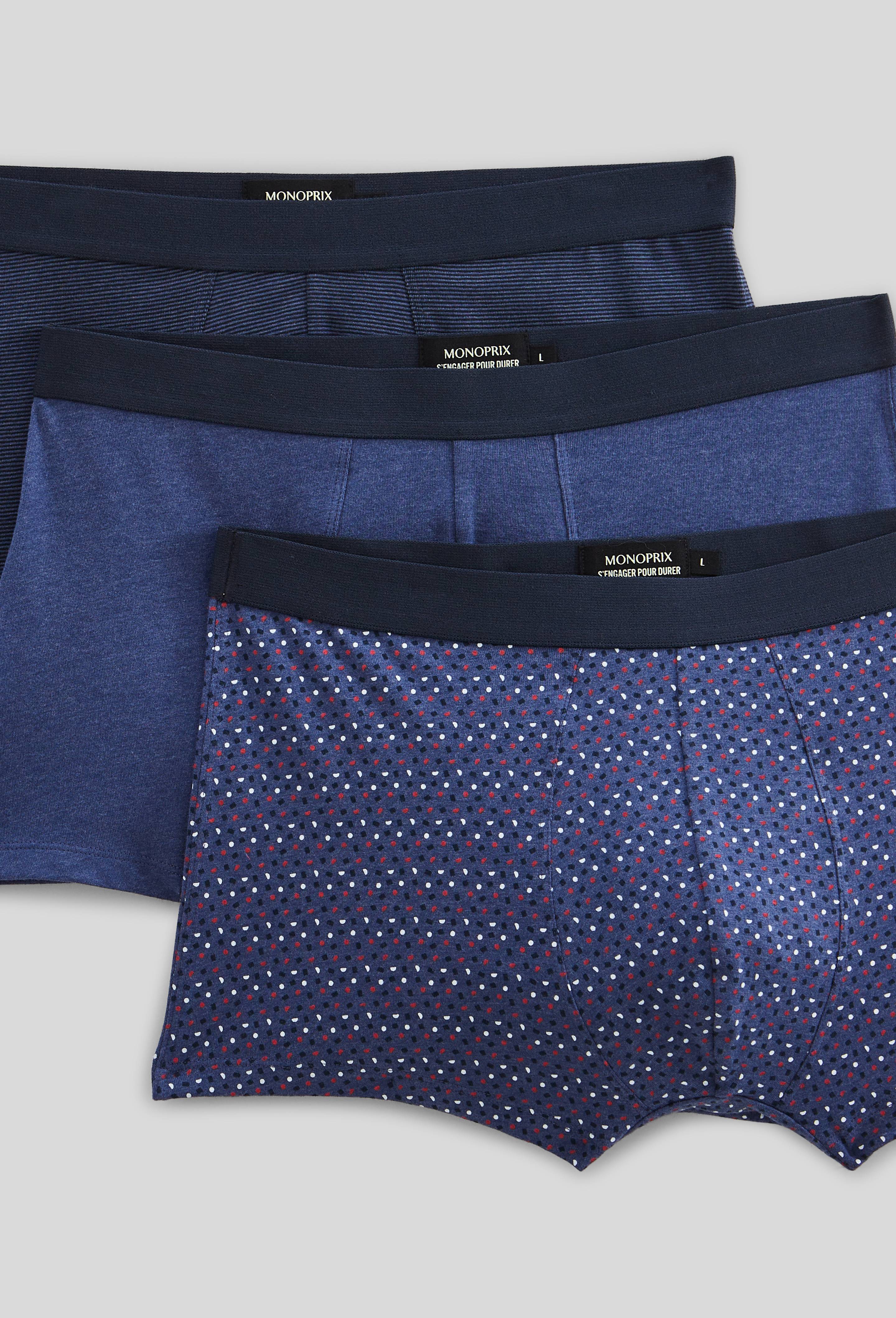 Lot de 3 boxers &agrave; rayures & &agrave; pois en coton BIO GOTS, Bleu fonc&eacute;, large image number 1