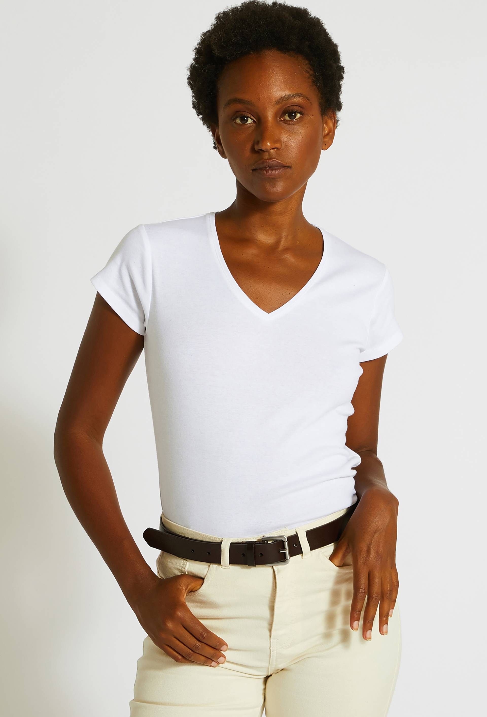 T-shirt col V uni en coton, Bio, Blanc, large image number 0