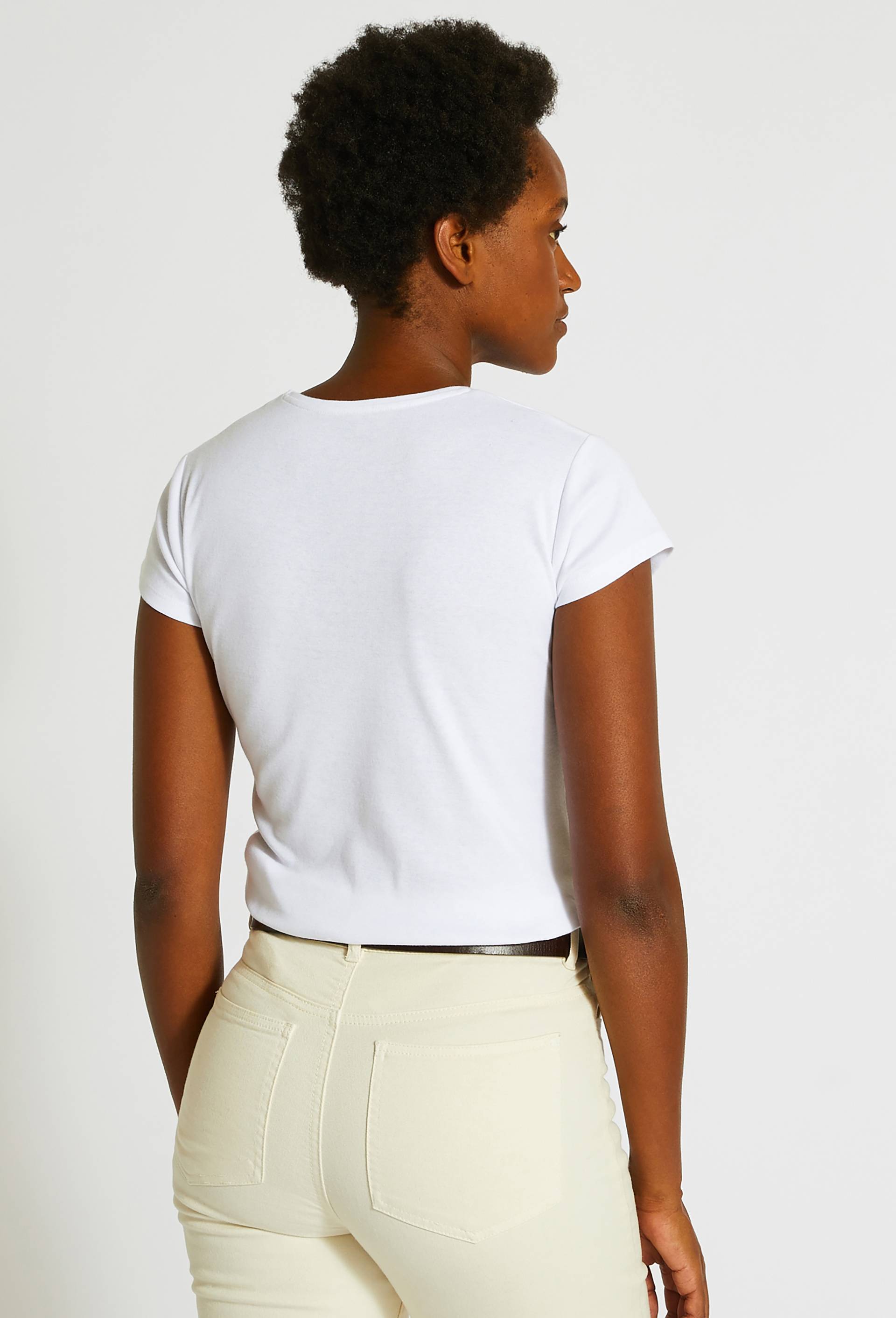 T-shirt col V uni en coton, Bio, Blanc, large image number 1