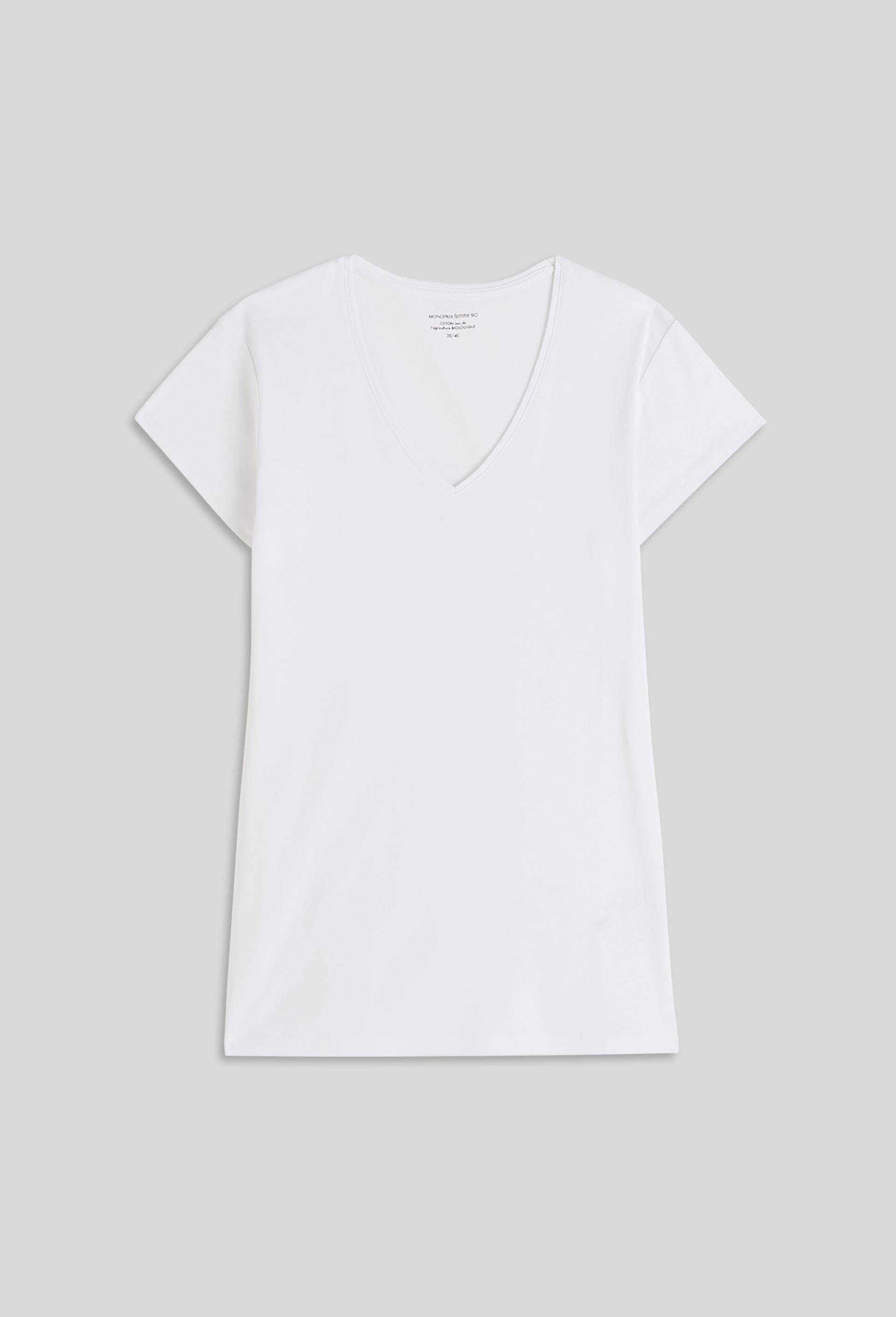 T-shirt col V uni en coton, Bio, Blanc, large image number 2