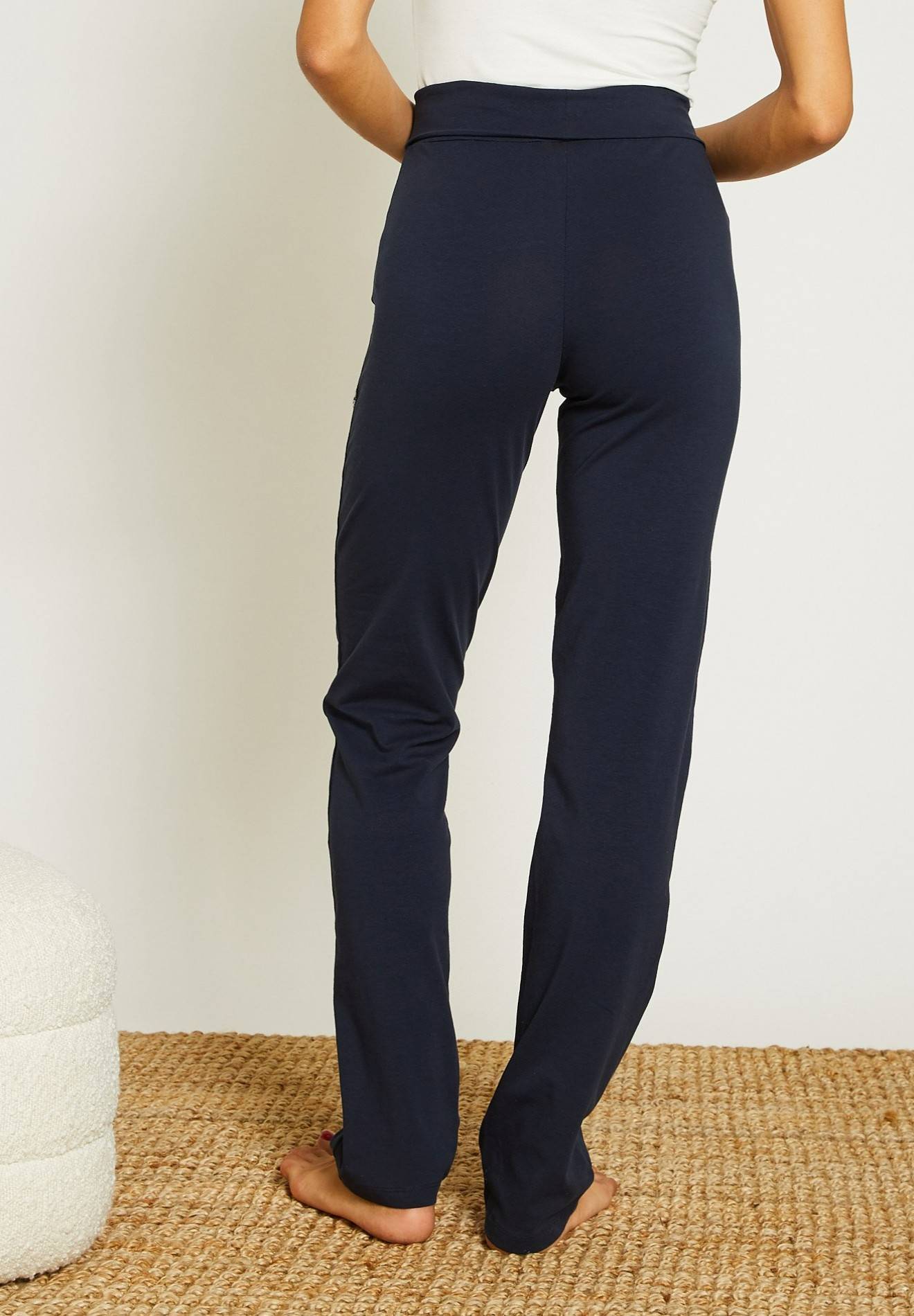 Pantalon droit uni avec large ceinture en coton, Bio, Bleu foncé, large image number 4.0